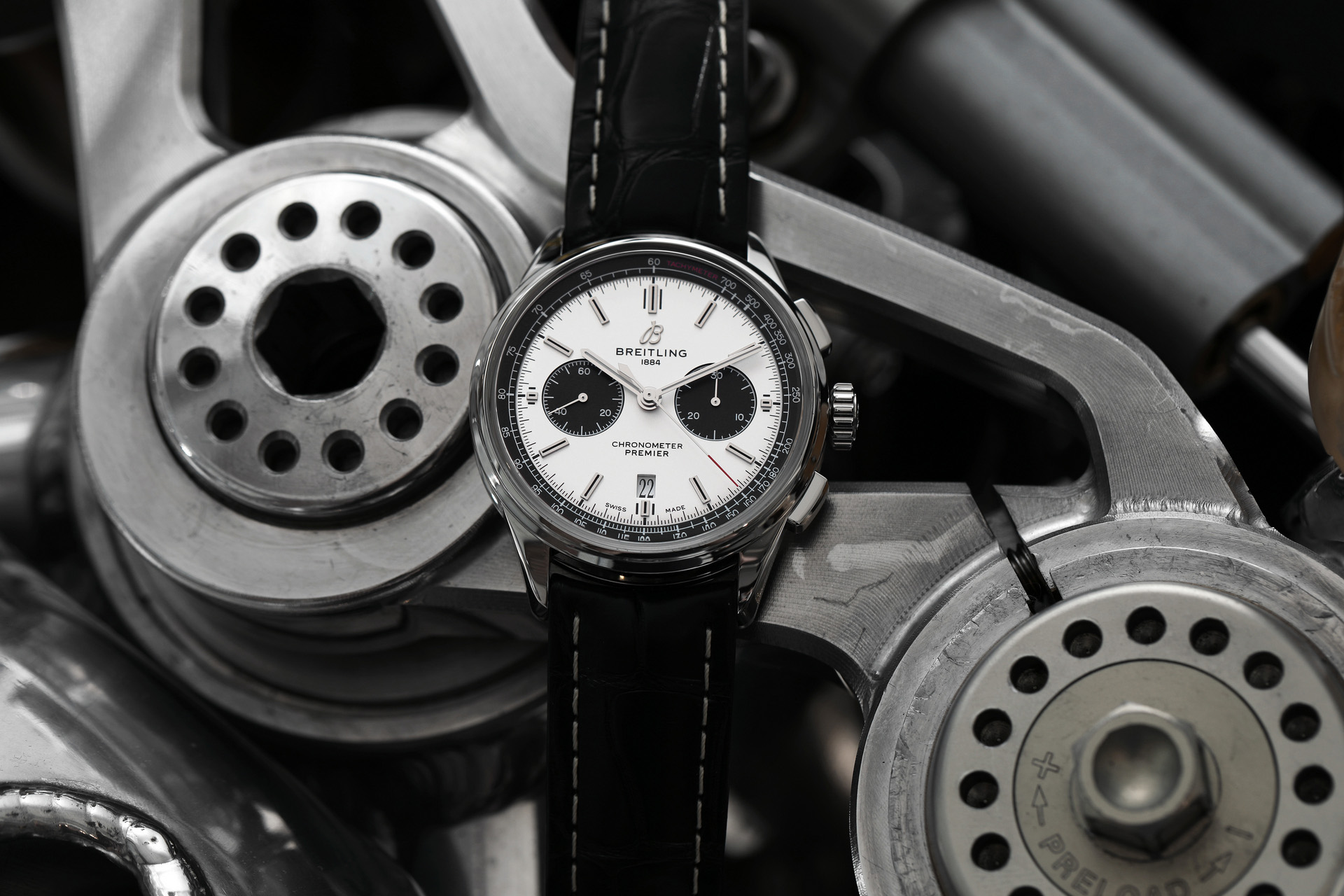 Premier B01 Chronograph 42 with silver dial and black alligator leather strap