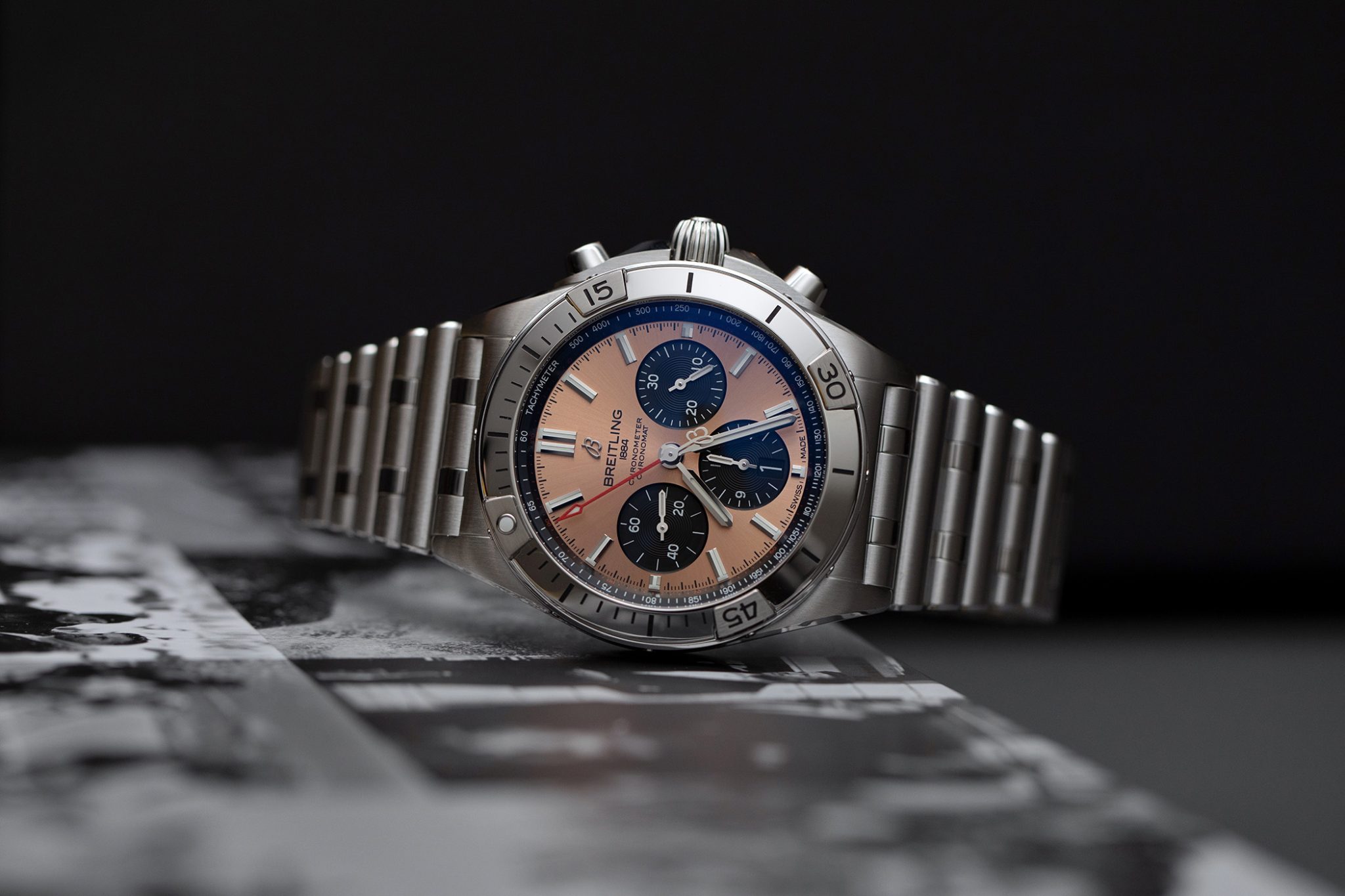 The new Breitling Chronomat collection, here the new Chronomat B01 42 in Stainless Steel with the salmon dial