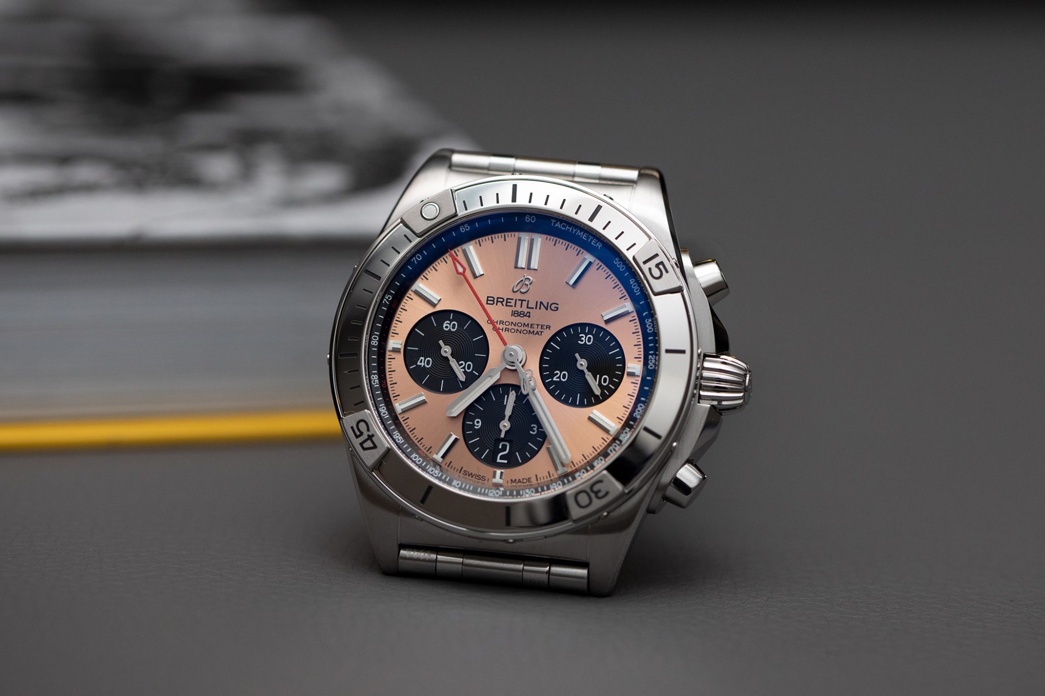 The new Breitling Chronomat collection, here the new Chronomat B01 42 in Stainless Steel with the salmon dial