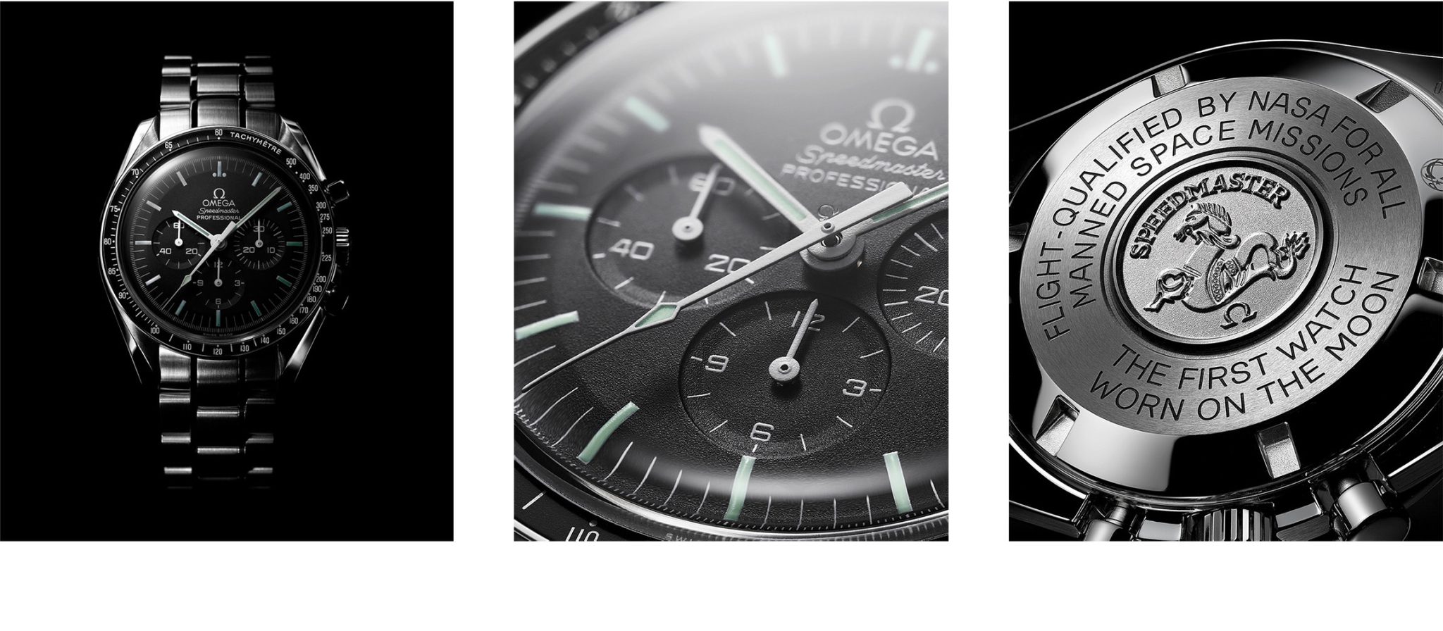 The current Omega Speedmaster Moonwatch 311.30.42.30.01.006 (2017). Front, Dial and Caseback.