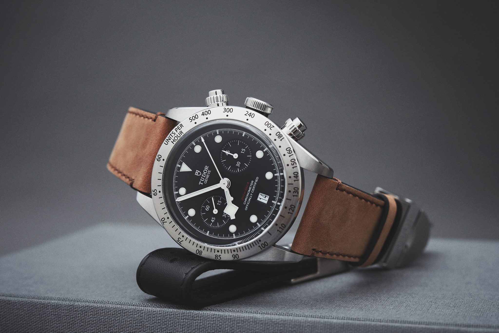 TUDOR Black Bay Chronograph Ref M79350 on Brown Leather Strap 2 . Article 50 Years Of Tudor Chronographs