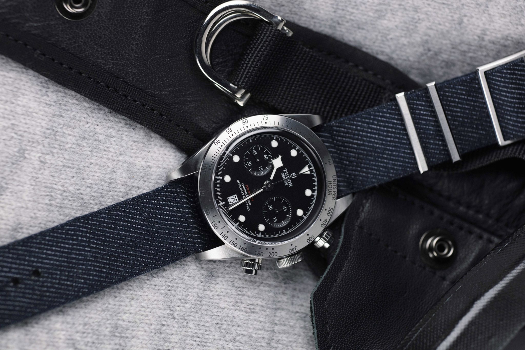 TUDOR Black Bay Chronograph Ref M79350 on Fabric Blue Jeans NATO Strap . Article 50 Years Of Tudor Chronographs