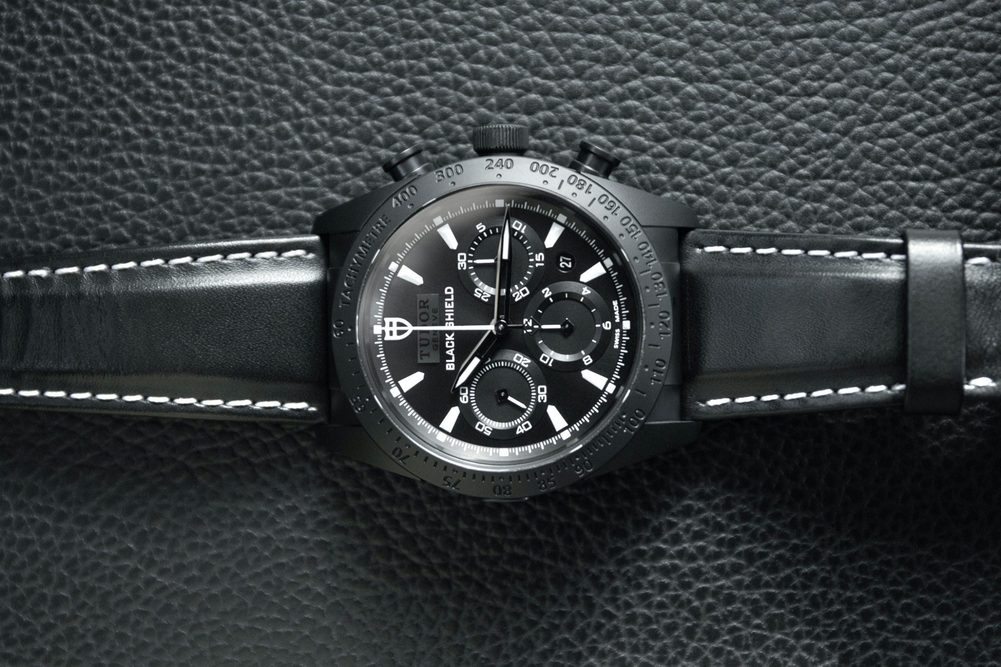 TUDOR Fastrider Black Shield Chronograph 42000CN on Leather Strap . Article 50 Years Of Tudor Chronographs