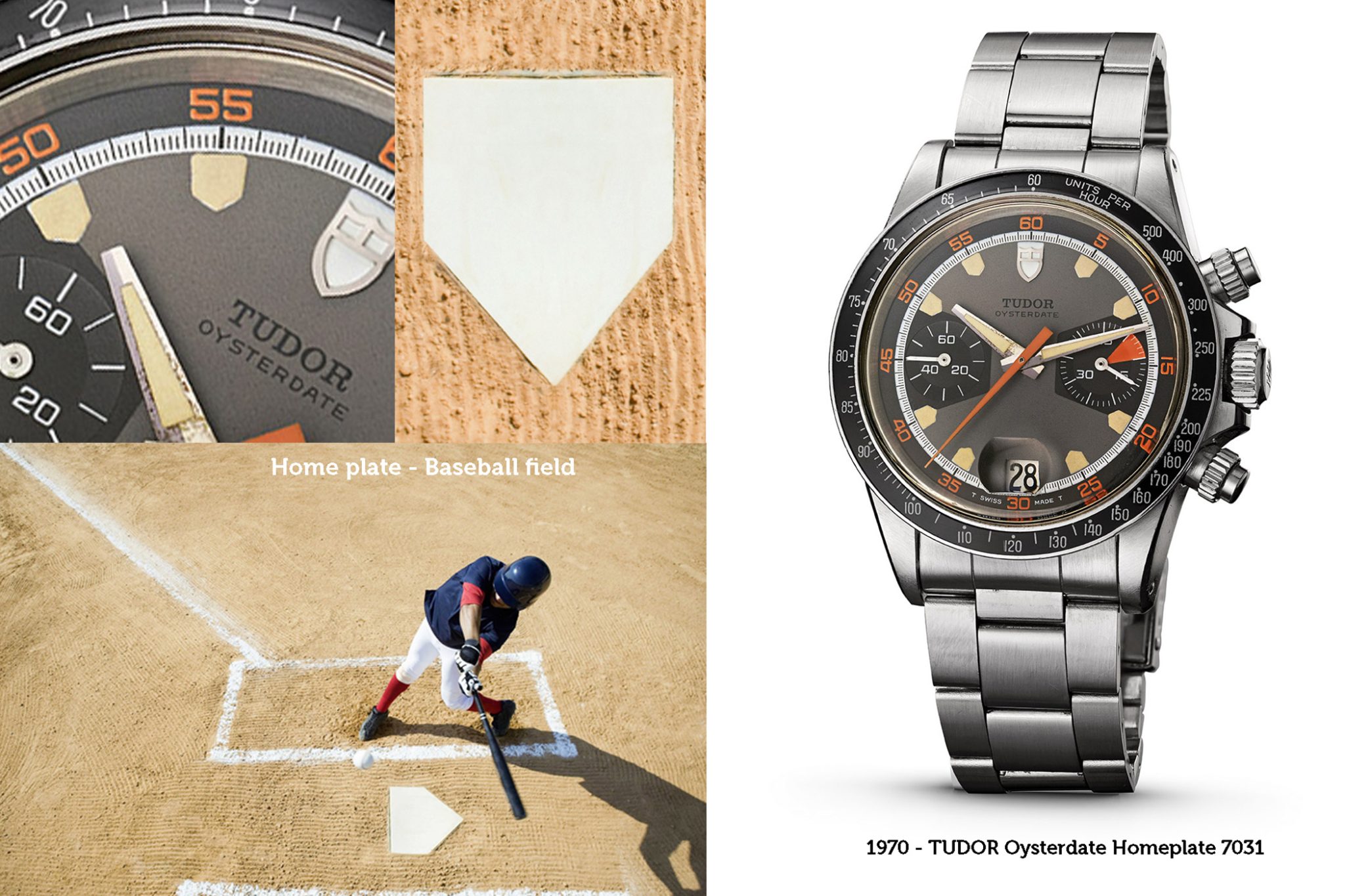 TUDOR Oysterdate Homeplate 7031 from 1970. And Baseball Field with Home Plate. Article 50 Years Of Tudor Chronographs