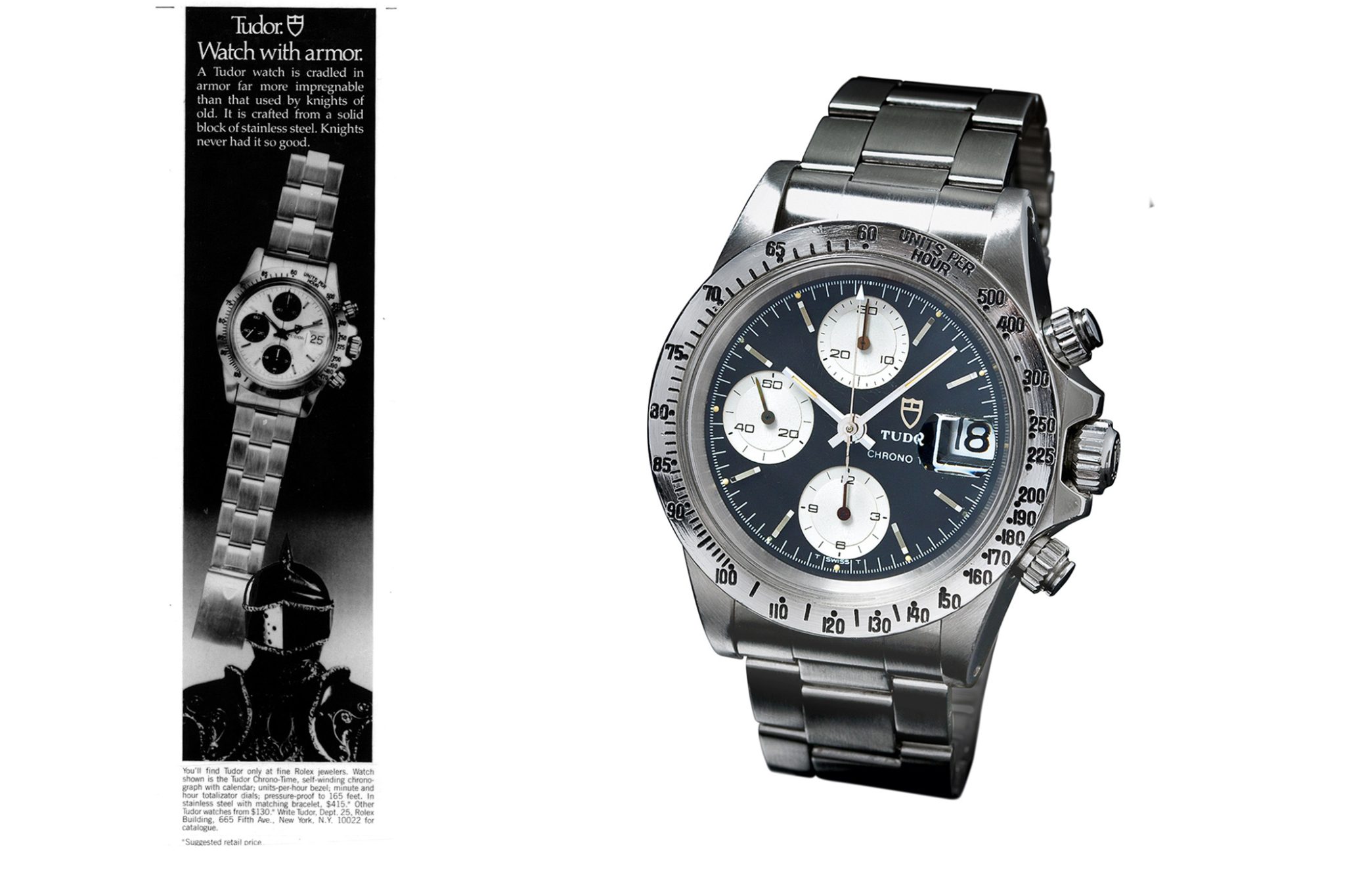 TUDOR Prince Oysterdate Big Block from 1976 and TUDOR Advertising Prince Oysterdate BigBlock 9430 With Armor in 1980 . Article 50 Years Of Tudor Chronographs