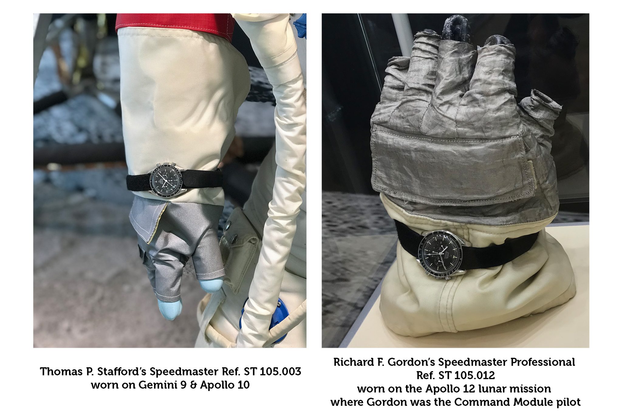 Thomas P. Stafford's Speedmaster Ref. ST 105.003 - worn on the 'Gemini 9' und 'Apollo 10' mission. Richard F. Gordon's Speedmaster Professional Ref. ST 105.012 - worn on the 'Apollo 12' Mission.