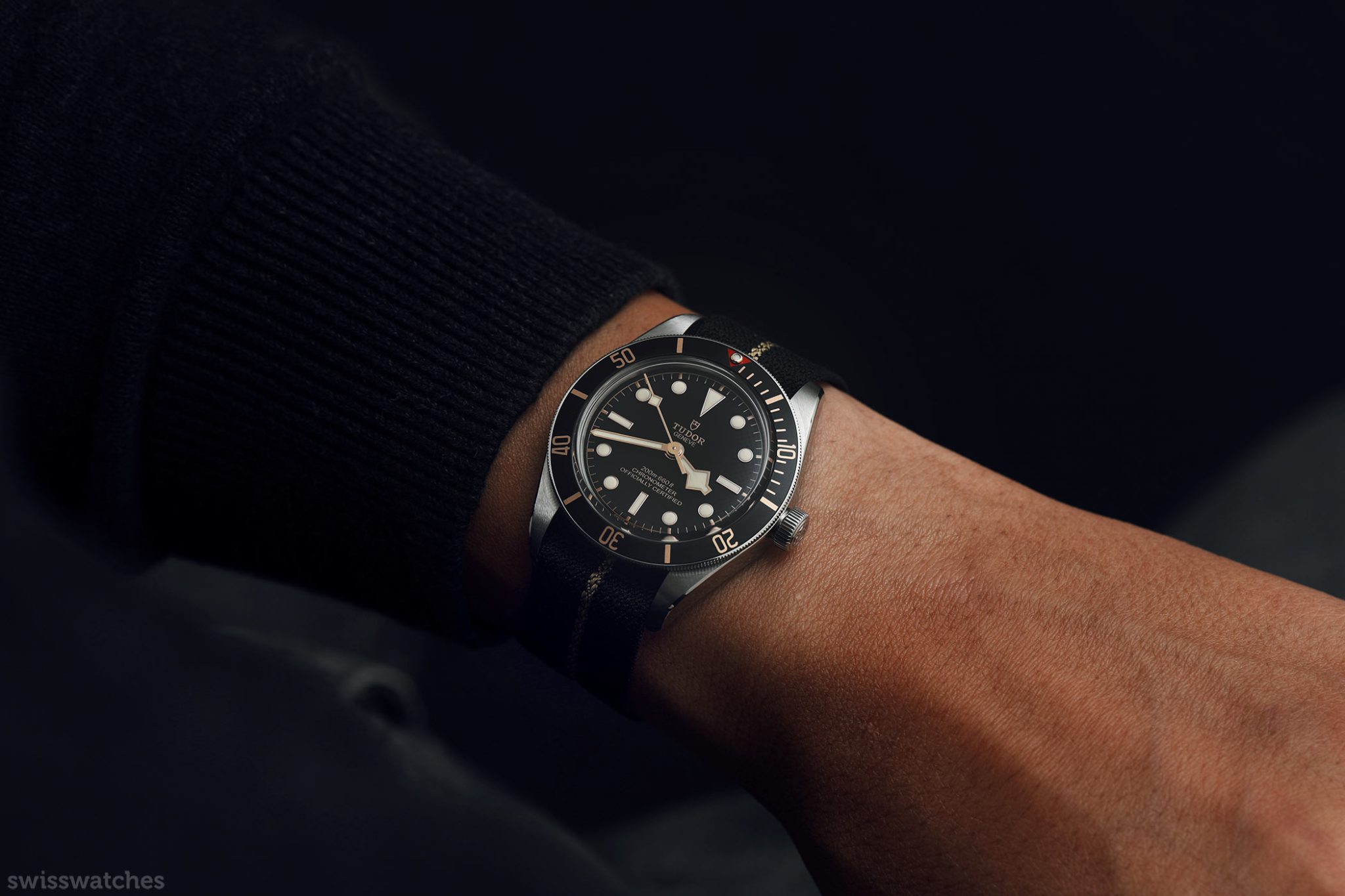 Wristshot of the Tudor Black Bay Fifty-Eight in Black on the NATO Strap