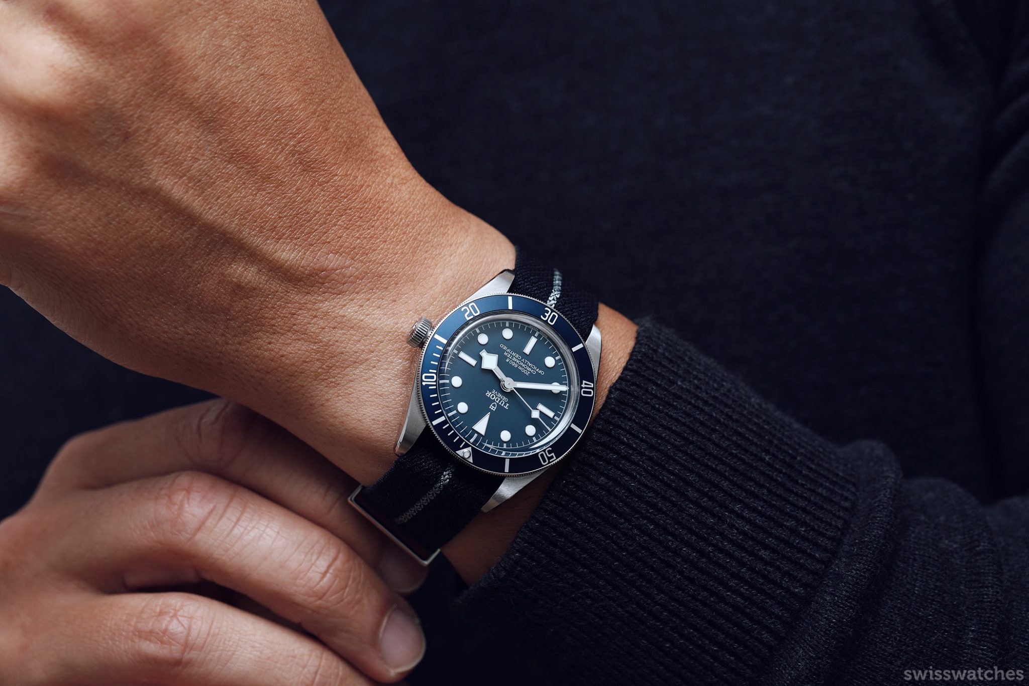 Wristshot of the Tudor Black Bay Fifty-Eight in Navy Blue on the NATO Strap