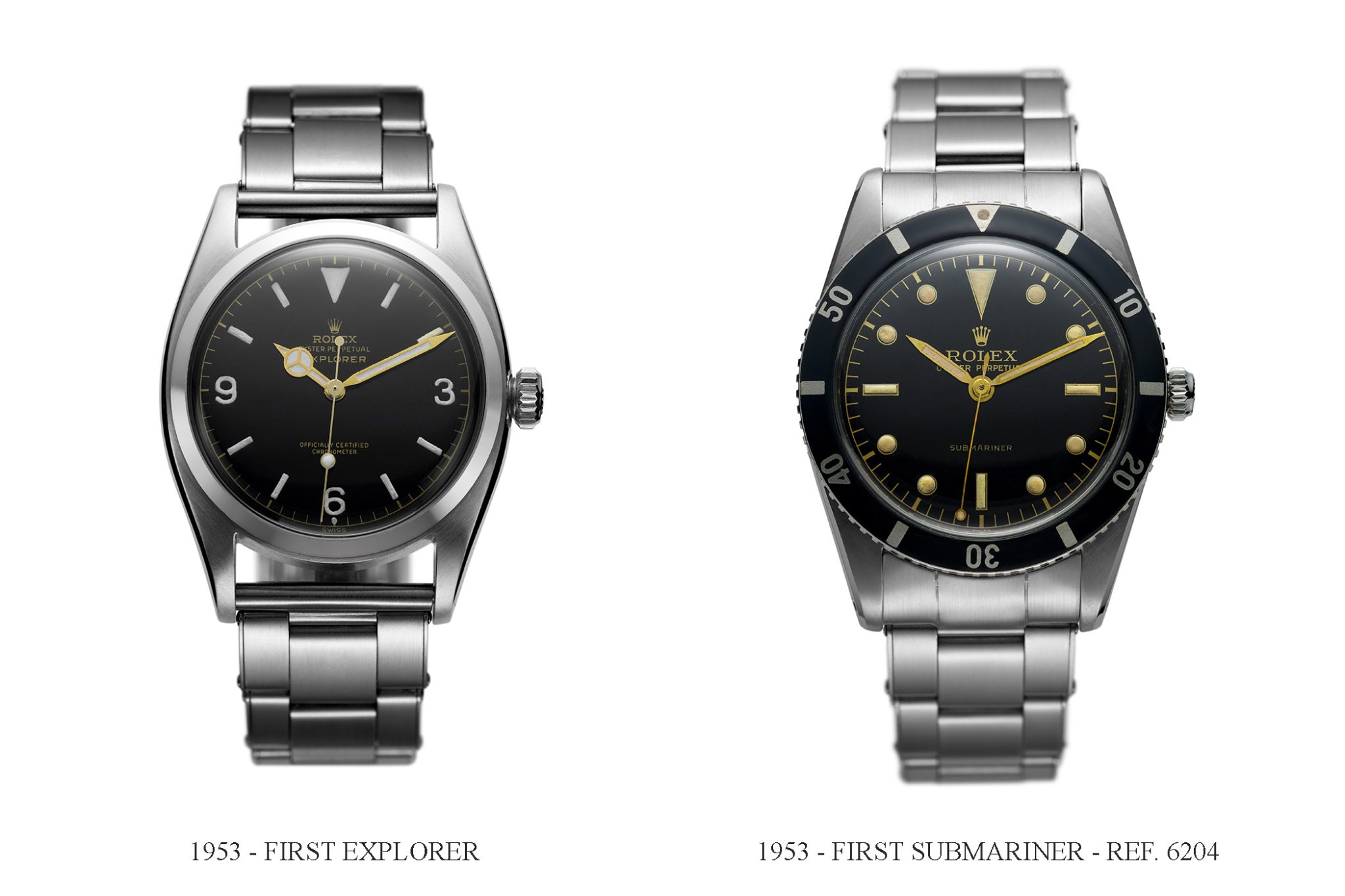 First Rolex Explorer from 1953 and first Rolex Submariner Ref. 6204 from 1953