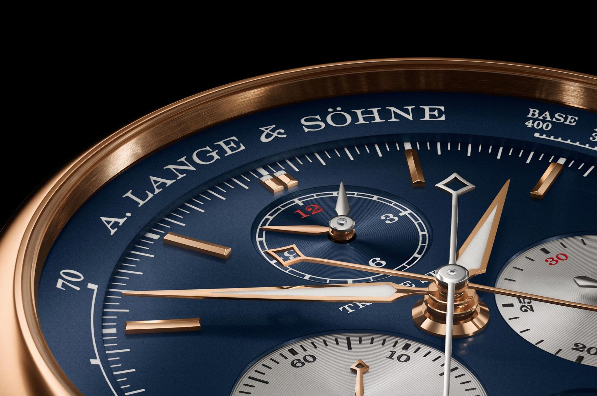 A. Lange & Söhne A Lange soehne ALS Triple Split Chronograph Rattrapante Pink Gold 424-037-B01 2021 W&W Watches and Wonders Details close Up indices hands dials brand