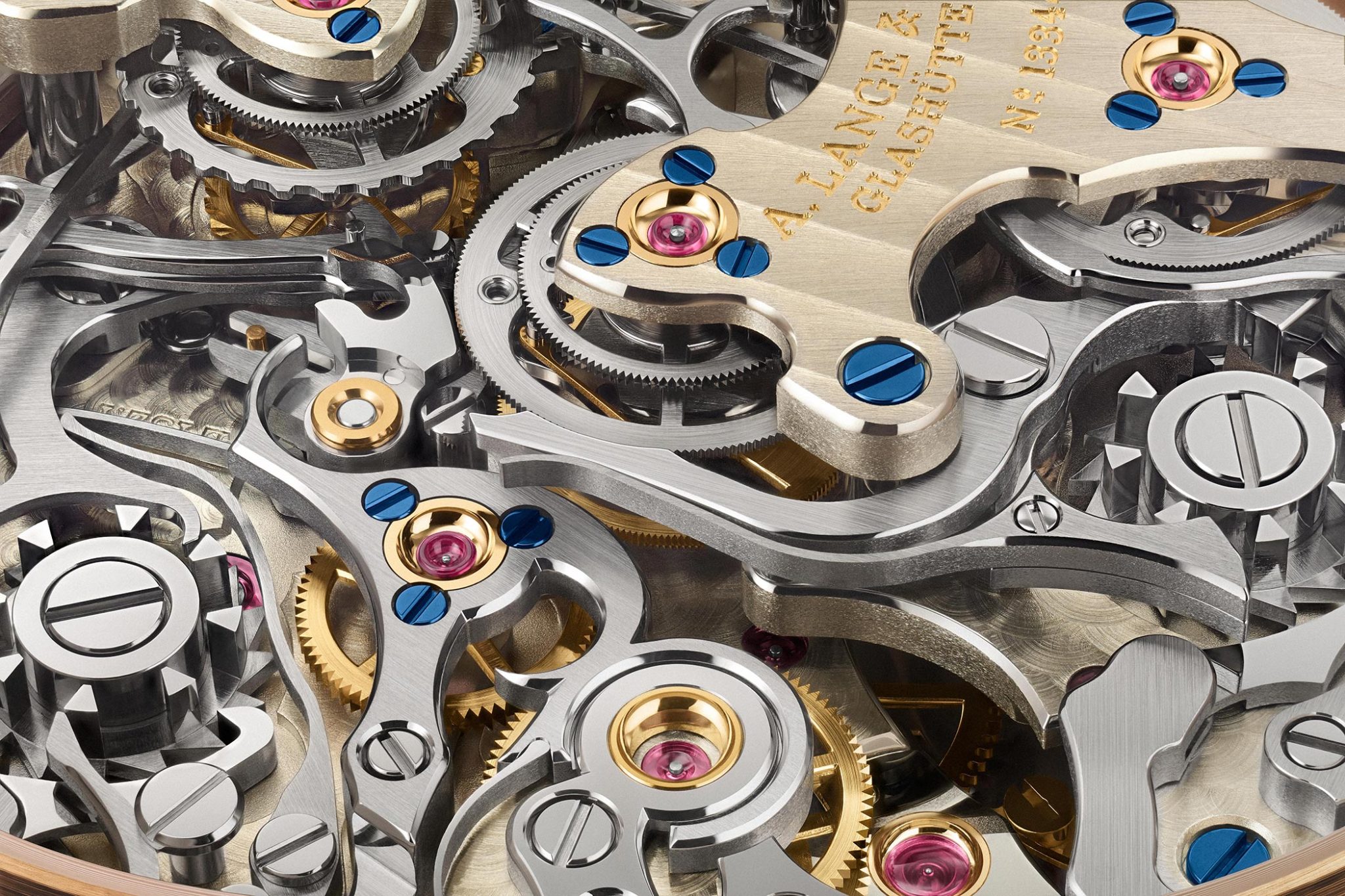 A. Lange & Söhne A Lange soehne ALS Triple Split Chronograph Rattrapante 424-037-B01 Calibre Close Up decorations Glashütte Ribbing Chatons