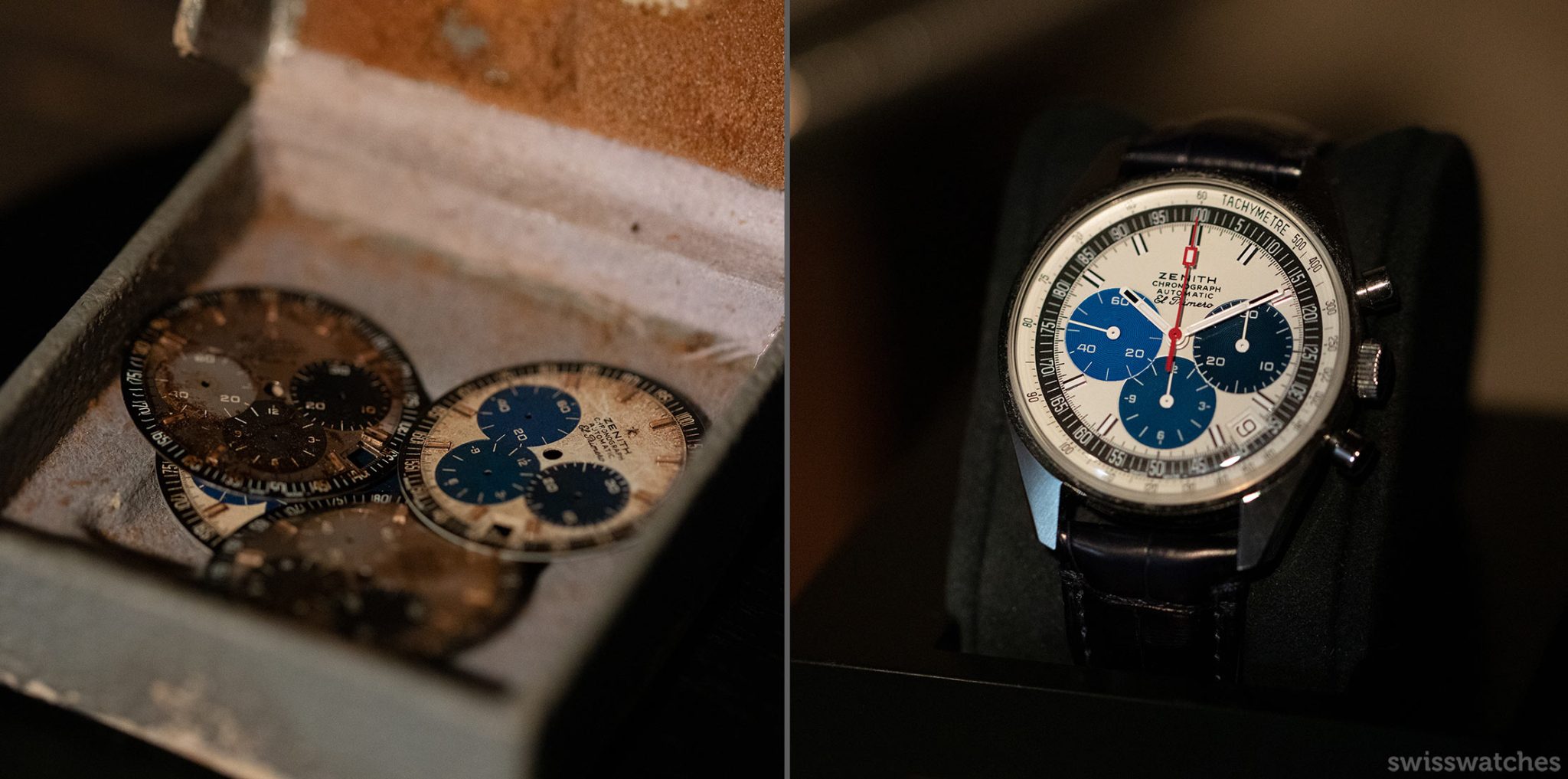 Four old dials of the Zenith Chronograph Automatic ElPrimero inside a grey metal box in the Charles Vermont Zenith Manufacture
