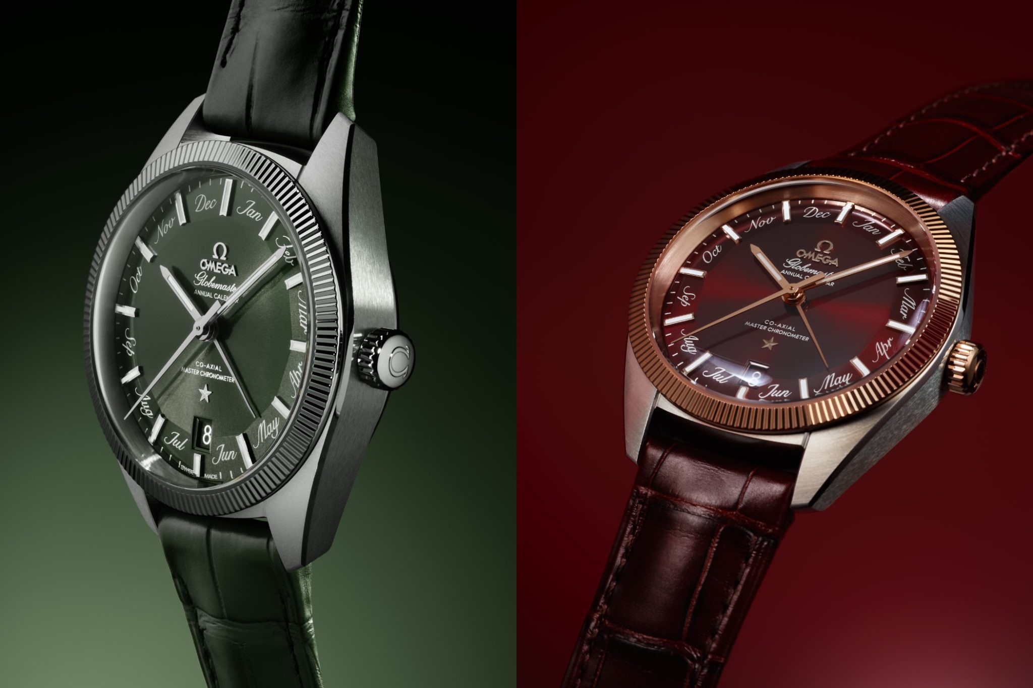 OMEGA-Constellation-Globemaster-Annual-Calendar-Green-Burgundy-Gold-Overview