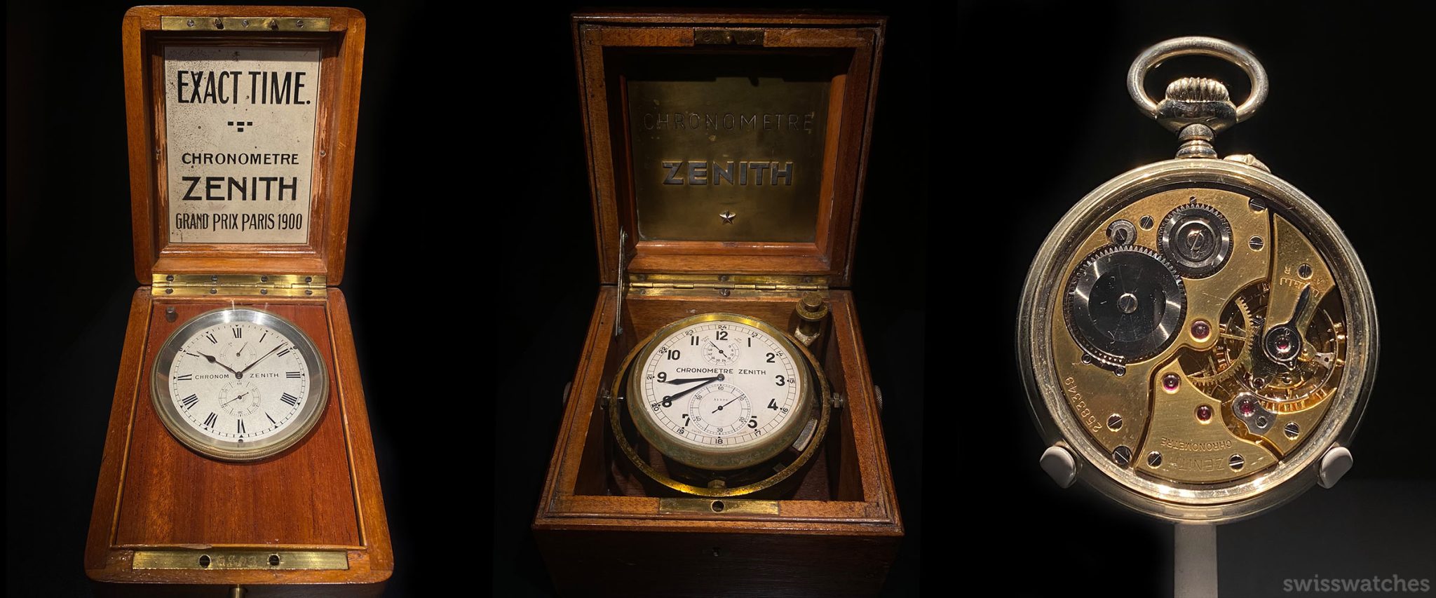 Three different samples of old chronometer pocket watches at Zenith manufacture