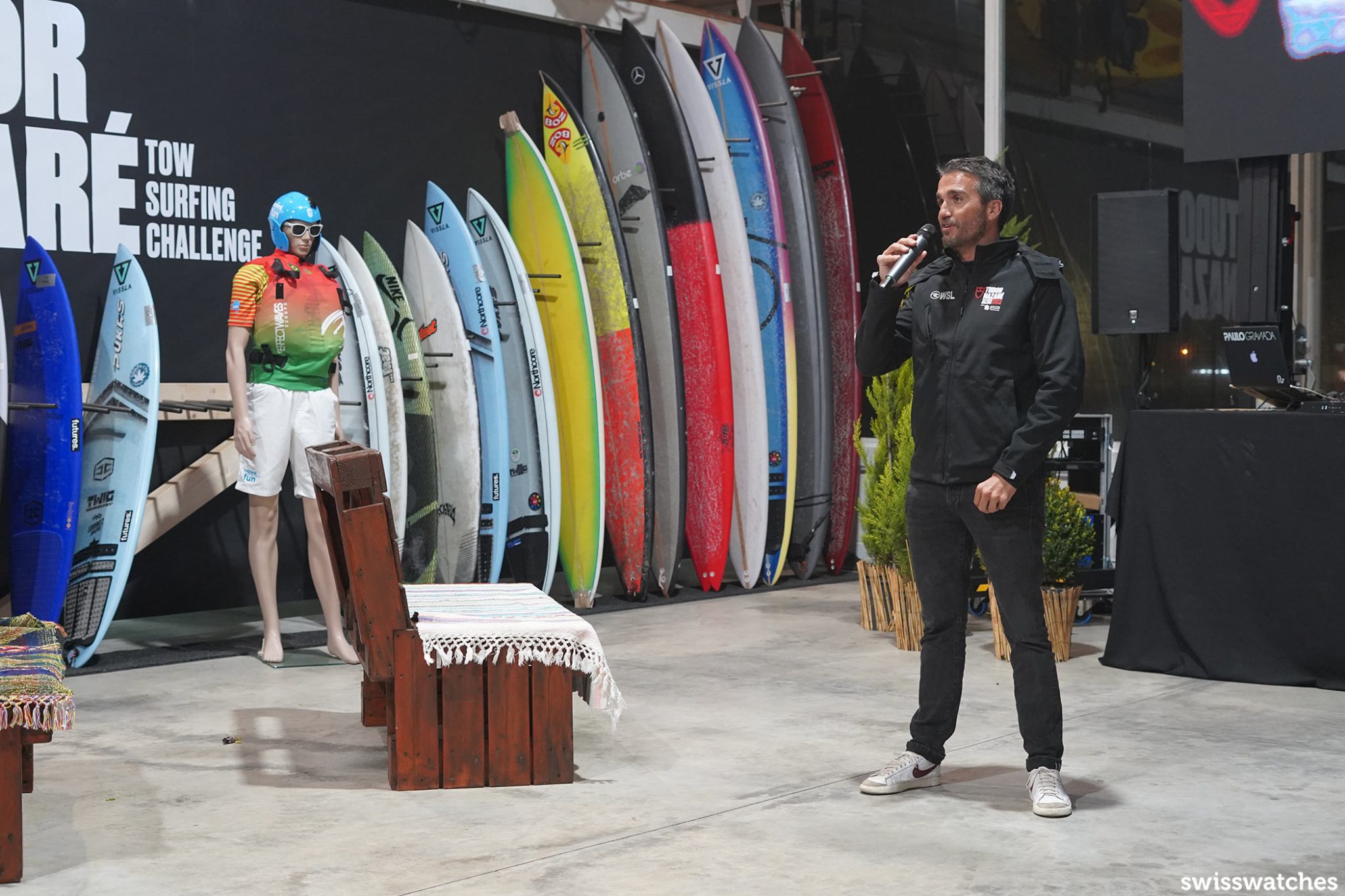 Surfer Francisco Spínola, General Manager of the World Surf League for Europe, Middle-East, and Africa, gives a speech.