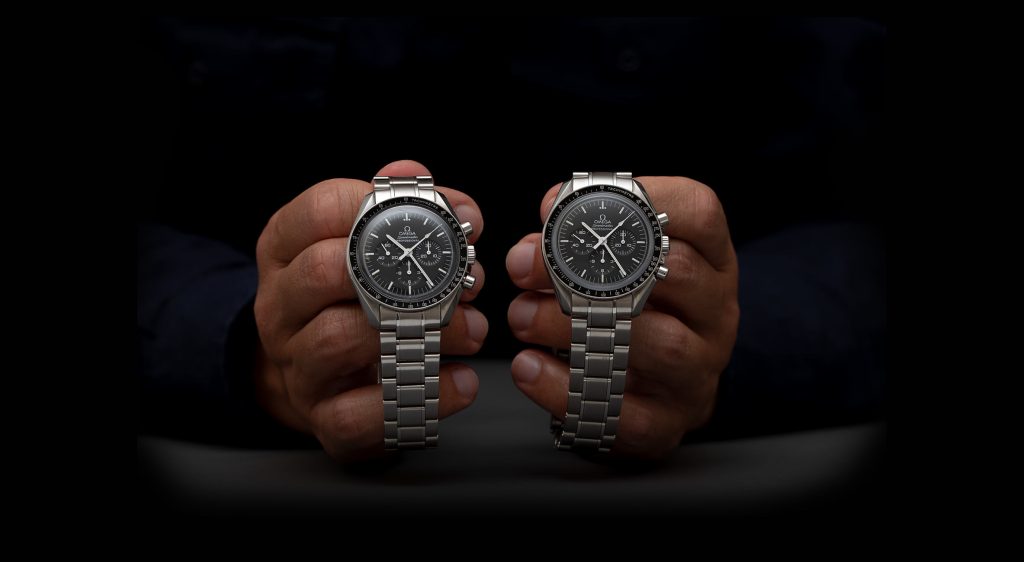Omega´s two speedmaster references with hesalite and sapphire glass.