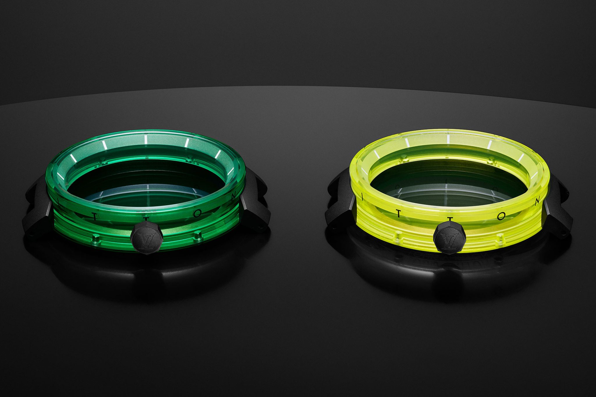 Louis-Vuitton-Tambour-Moon-Flying-Tourbillon-Poincon-de-Geneve-in-Green-and-Yellow-Cases