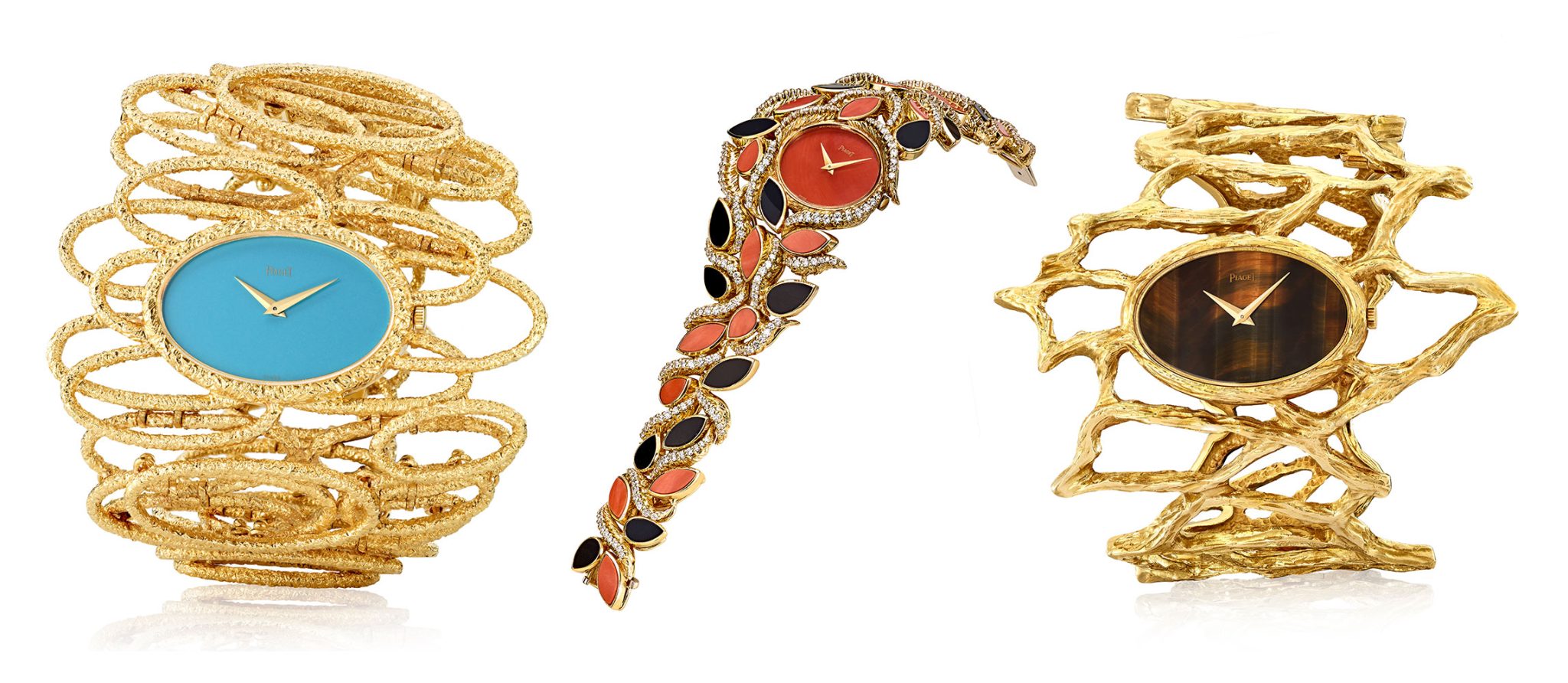 Piaget-21st-Century-Collection-Cuff-watch-1969-Crazy-Piece-corail-onyx-1973-Cuff-watch-Unique-piece-1978