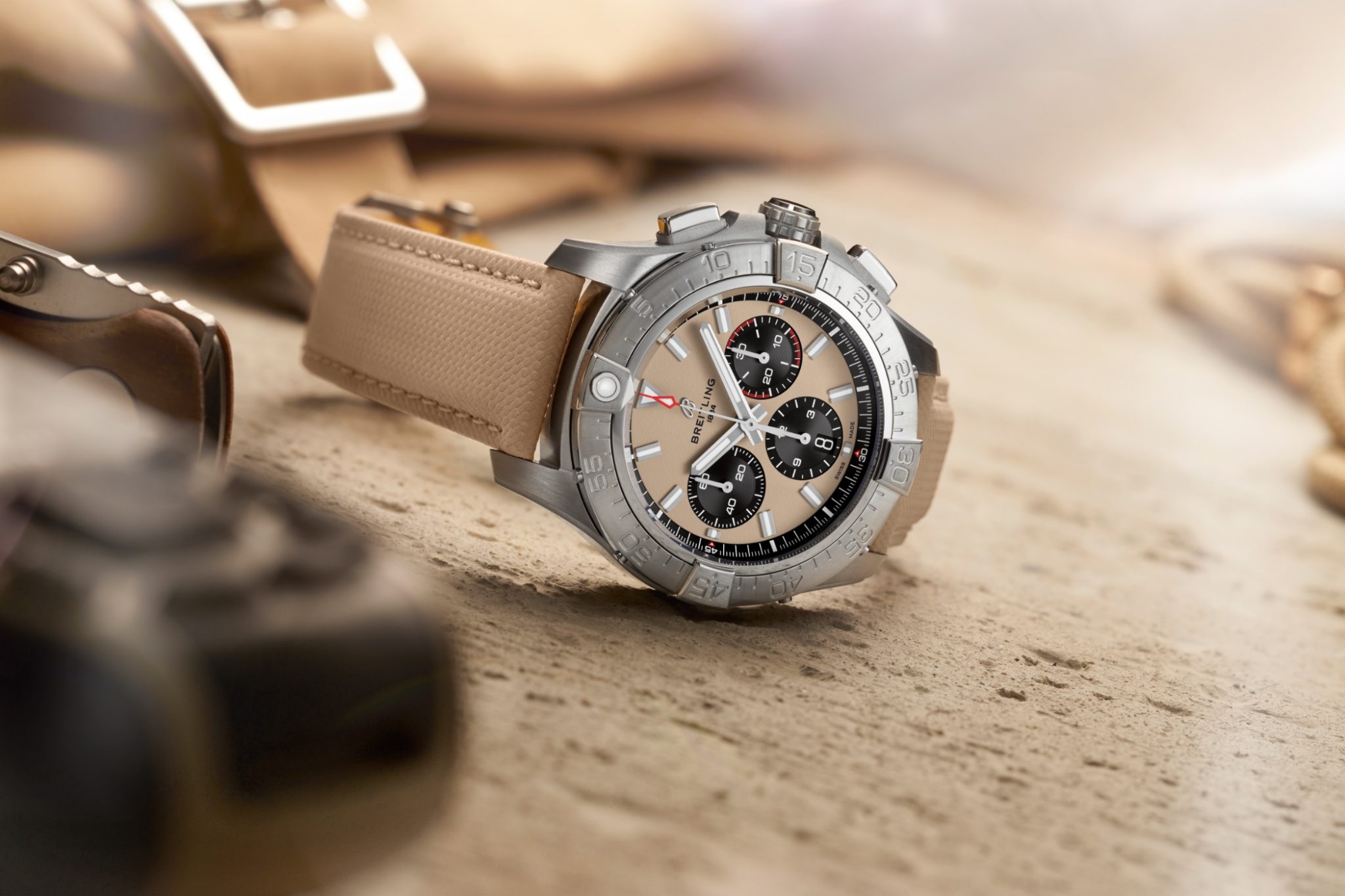 Breitling-Avenger-B01-Chronograph-44-Ref-AB0147101A1A1-Beige-Strap