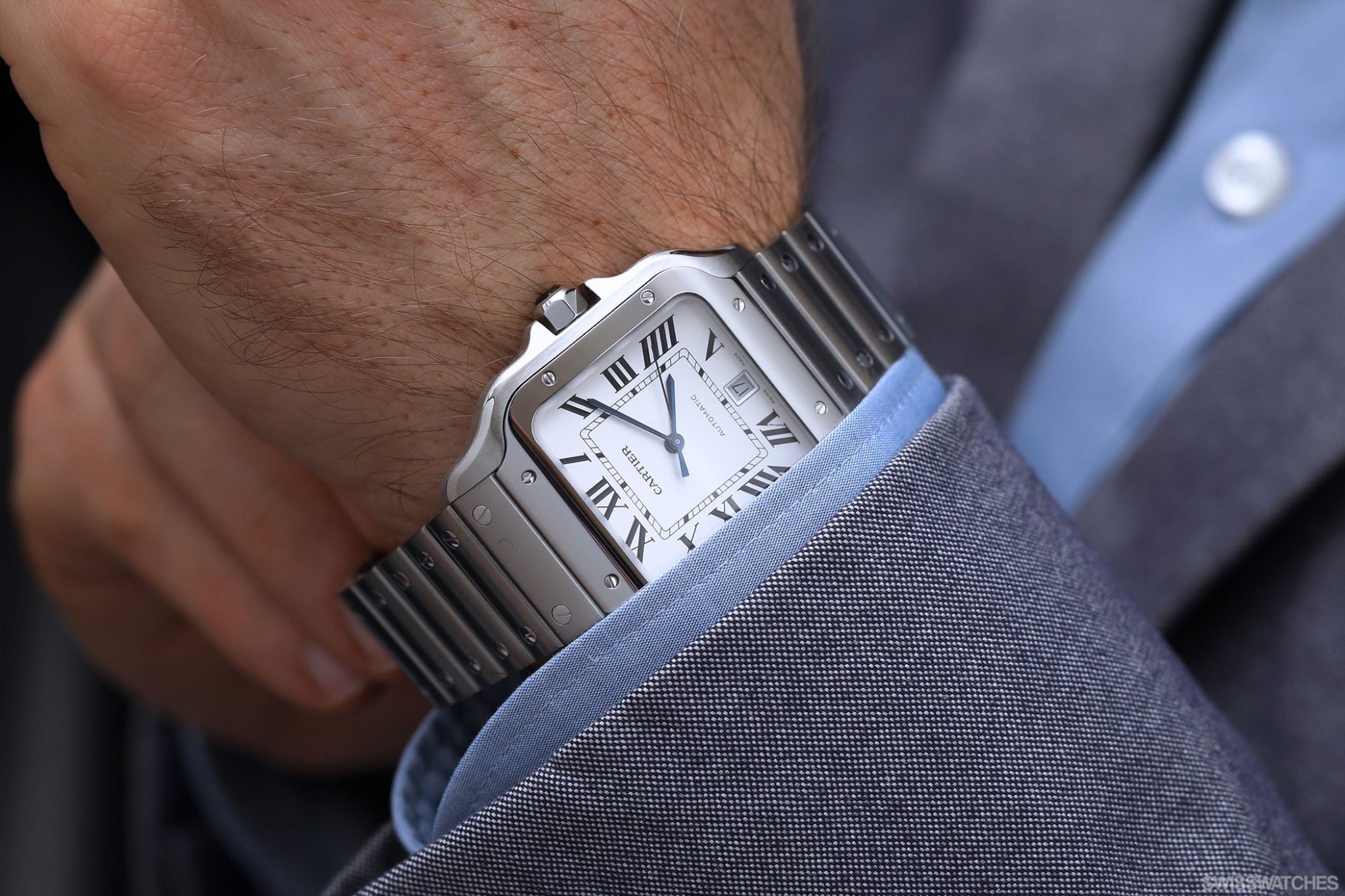 Cartier-Santos-Automatic-in-Steel-Wristshot