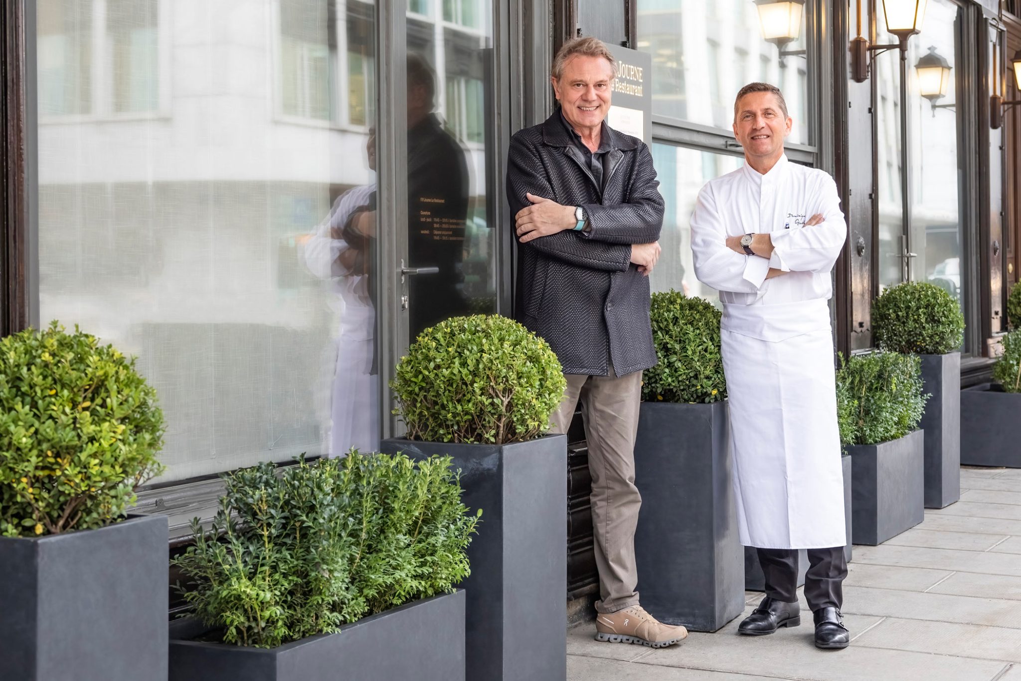François-Paul Journe and Dominique Gauthier in front of the restaurant