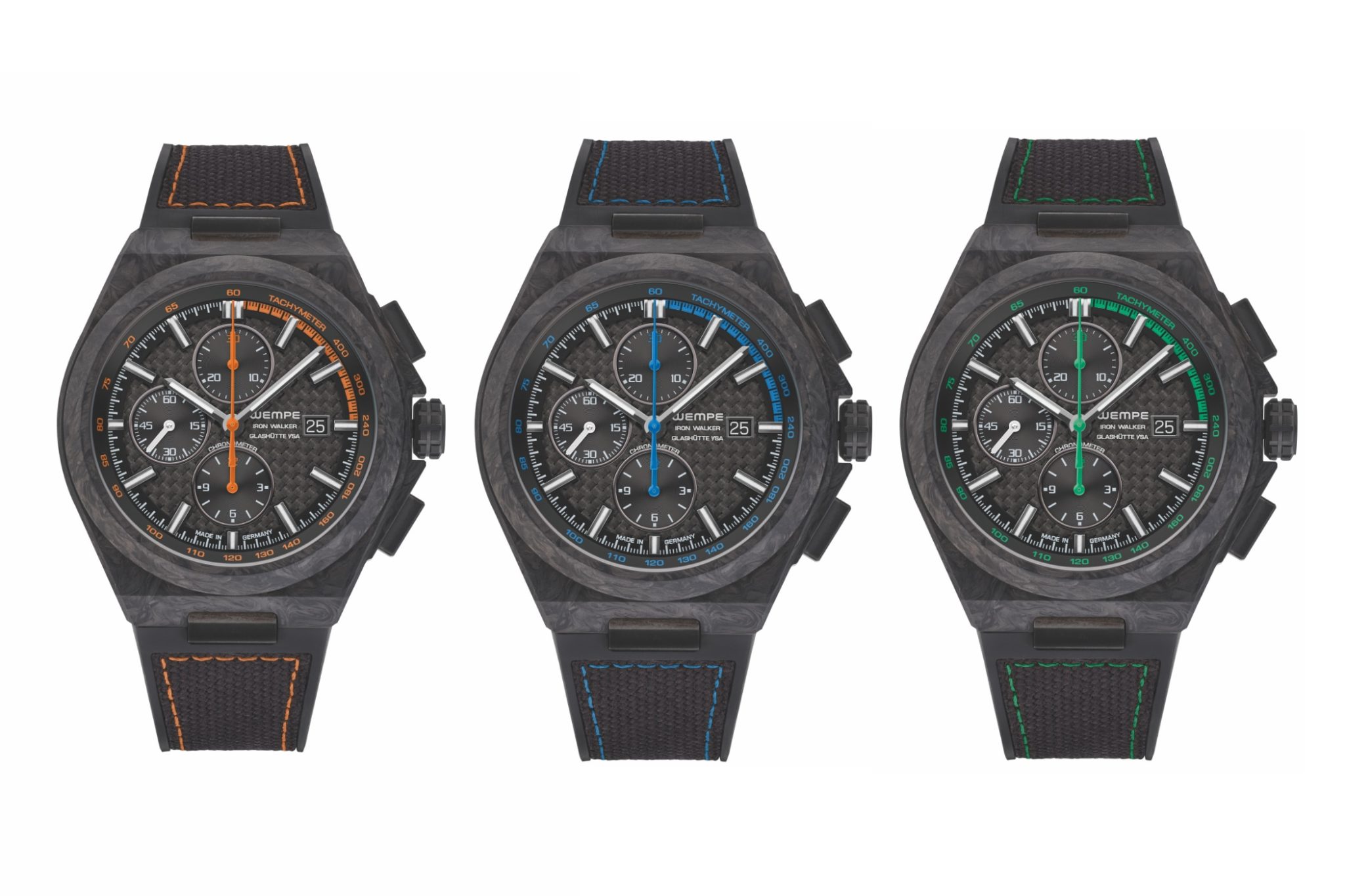 wempe-iron-walker-chronograph-46-carbon-WI690011-WI690012-WI690013-orange-blue-green-side-by-side-front