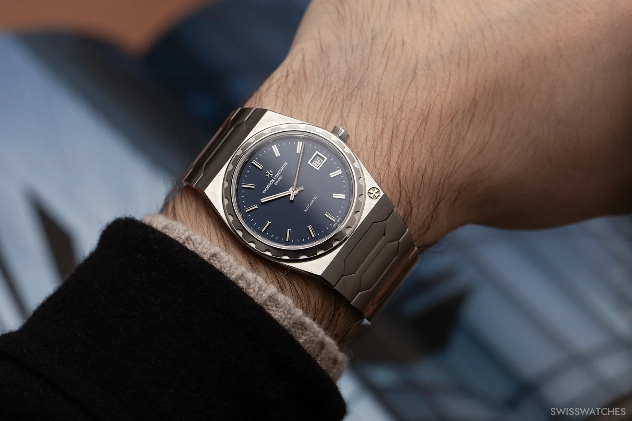 On the wrist: Vacheron Constantin Historiques 222 in stainless steel with blue dial