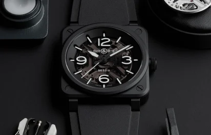 The Bell and Ross BR-03 Skeleton Black Ceramic next to its movement and manufacturing tools