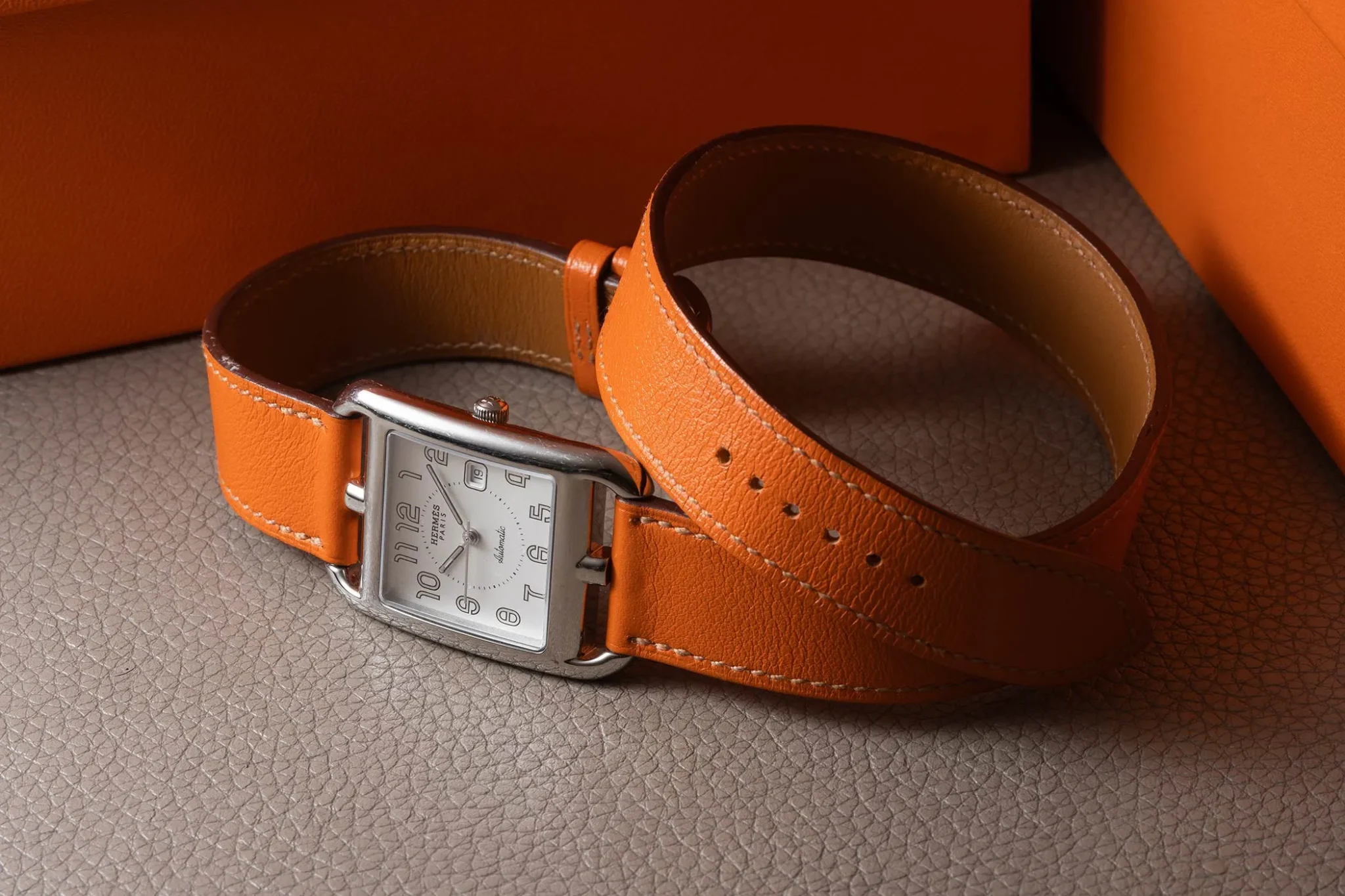 Hermès Cape Cod Watch, featuring a rectangular case design with a nautical-inspired style, combining Swiss precision and elegant craftsmanship for a sophisticated timepiece