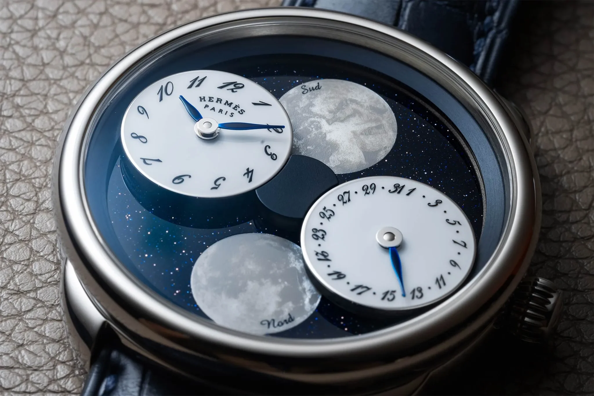 Hermès Watch Manufacture with Moonphase Dial, luxury Swiss timepiece featuring a sophisticated moonphase complication and elegant design
