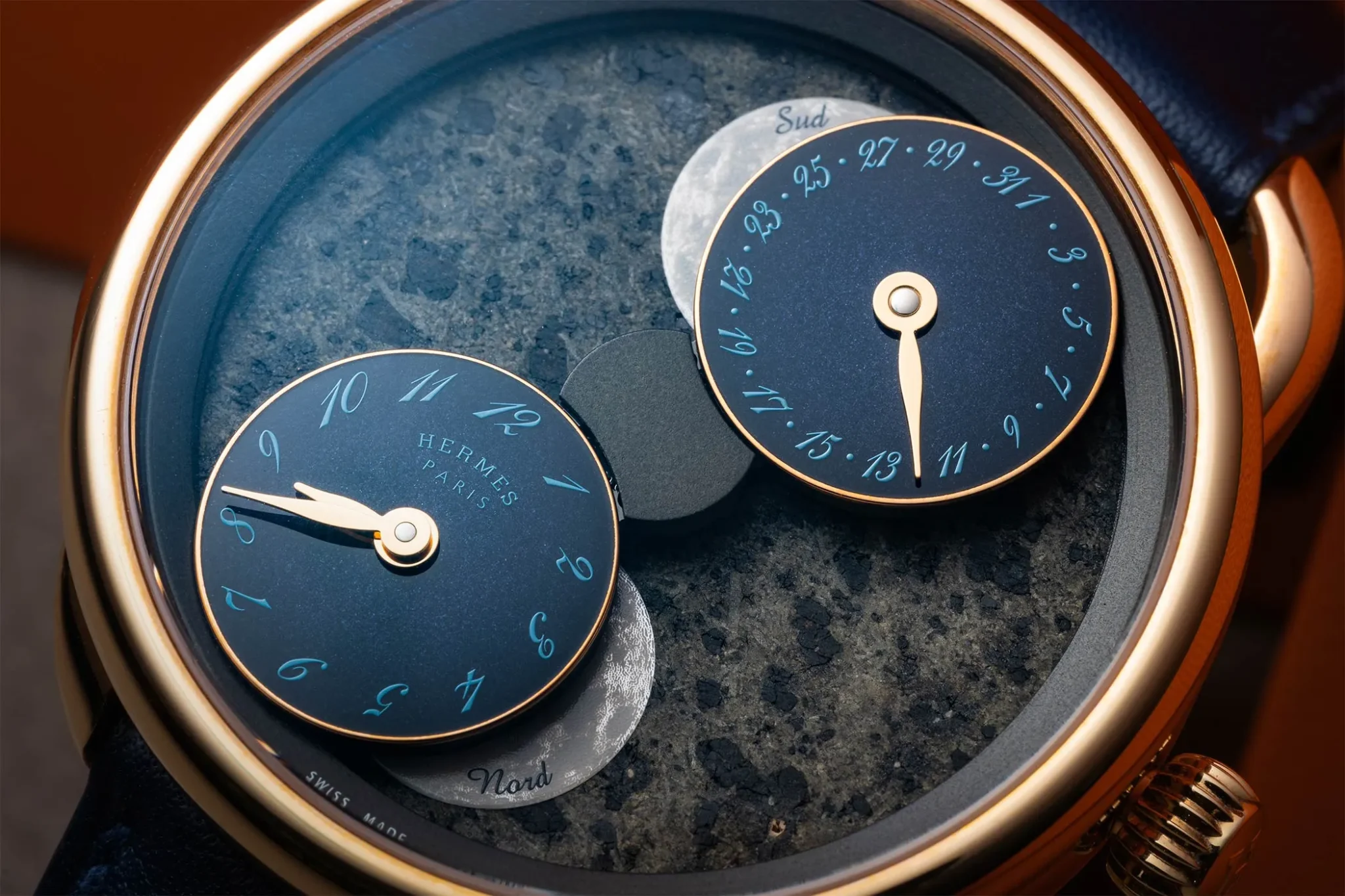 Hermès Watch Manufacture with Moonphase Dial, luxury Swiss timepiece featuring a sophisticated moonphase complication and elegant design