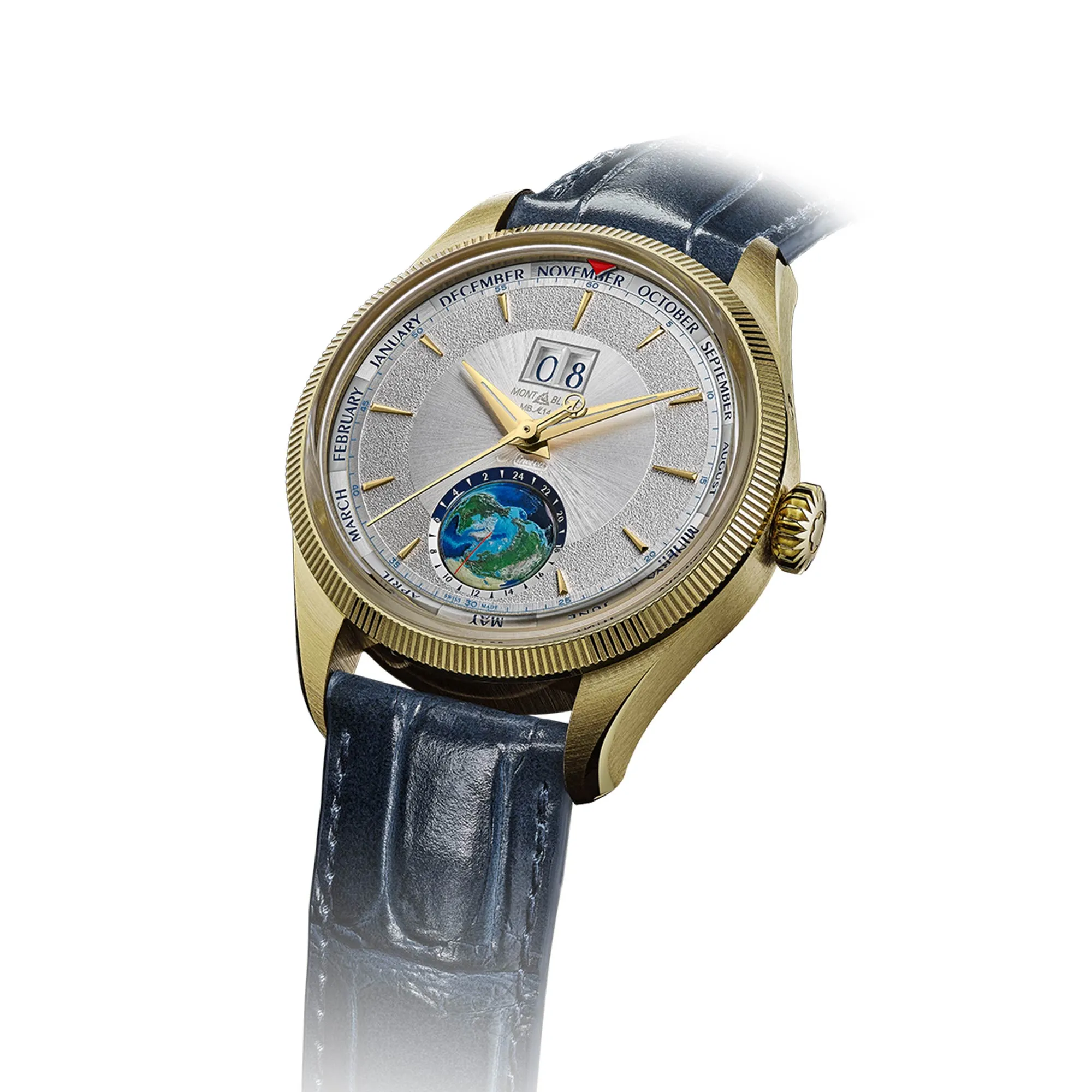 Montblanc 1858 Geosphere Annual Calendar Limited Edition watch in gold case with a textured dial, world time display, and blue leather strap