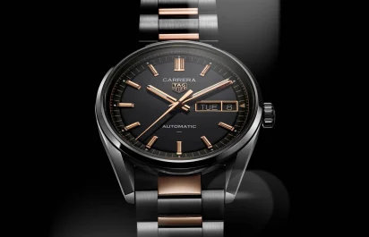 One of the six new TAG Heuer Carrera Day-Date models presents itself with steel and rose-gold aesthetic