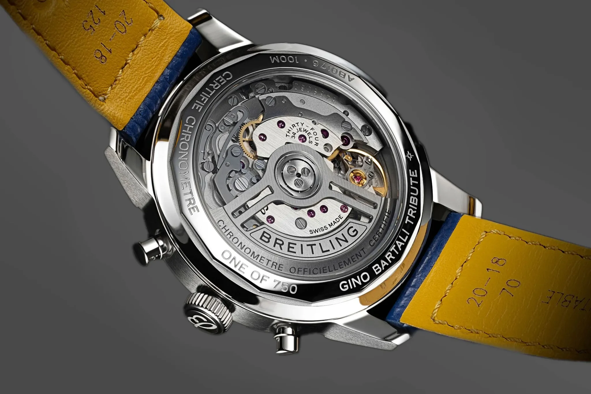 The engraved open caseback of the Breitling Top Time B01 Gino Bartali.