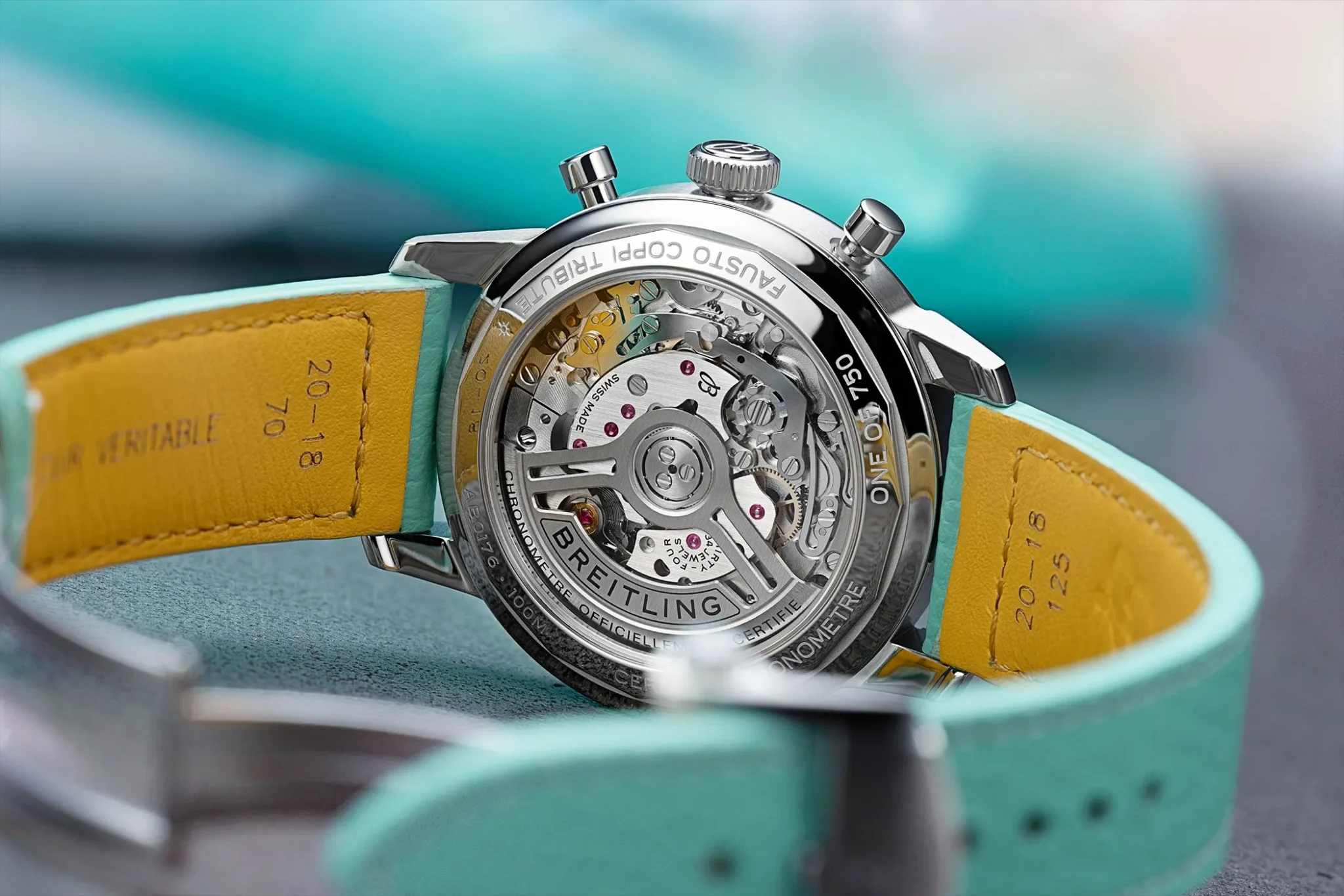 The Breitling manufacture movement B01for the Top Time B01 Coppi through the open caseback.