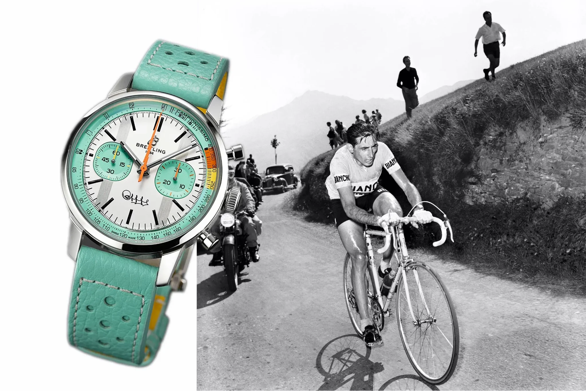 The Breitling Top Time B01 next to a historical image of Fausto Coppi cycling the Giro Dell’ Appennino in 1955.