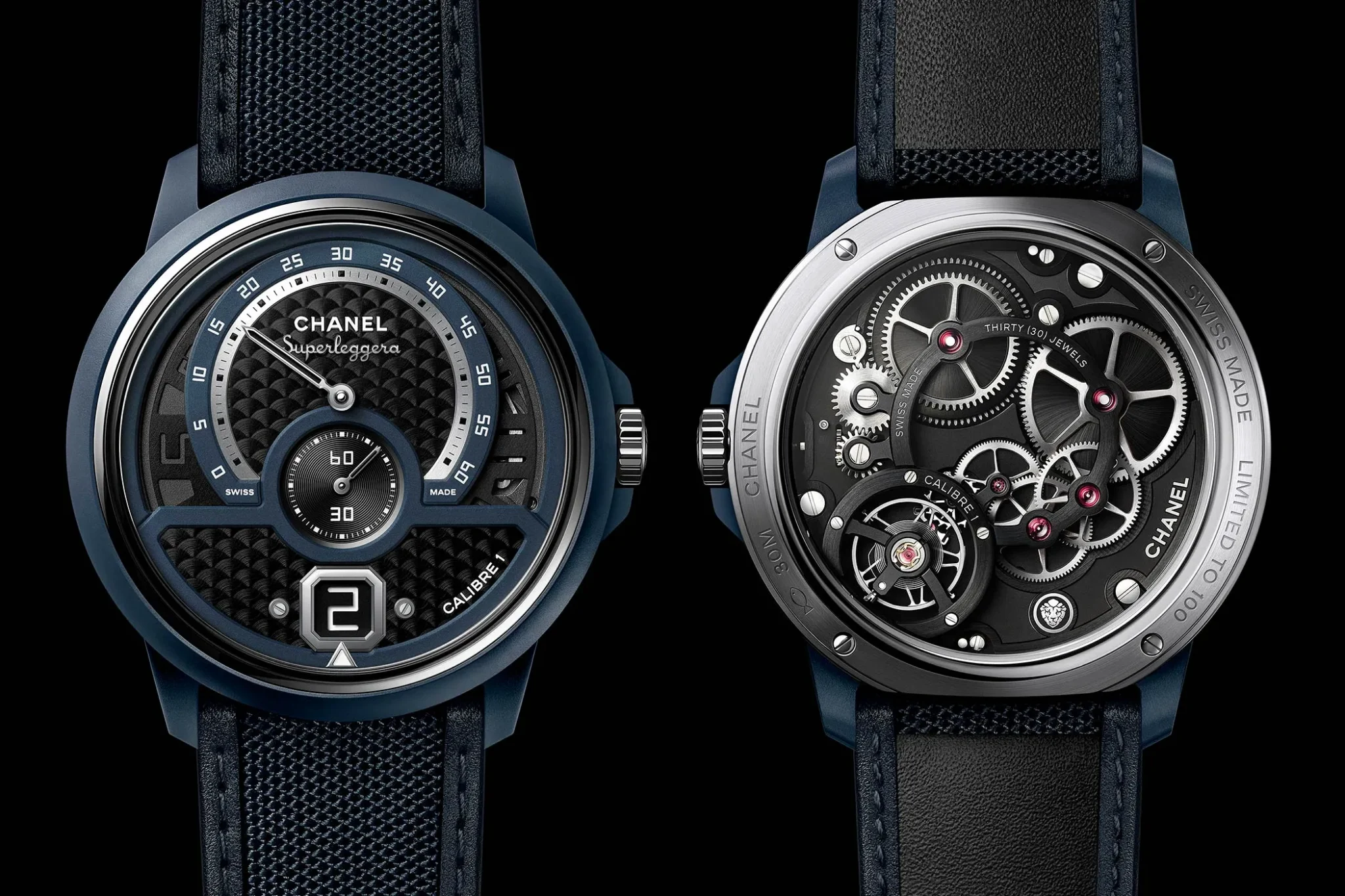 Front and back view of the Chanel Monsieur de Chanel Superleggera Bleu Editon, including the open caseback.