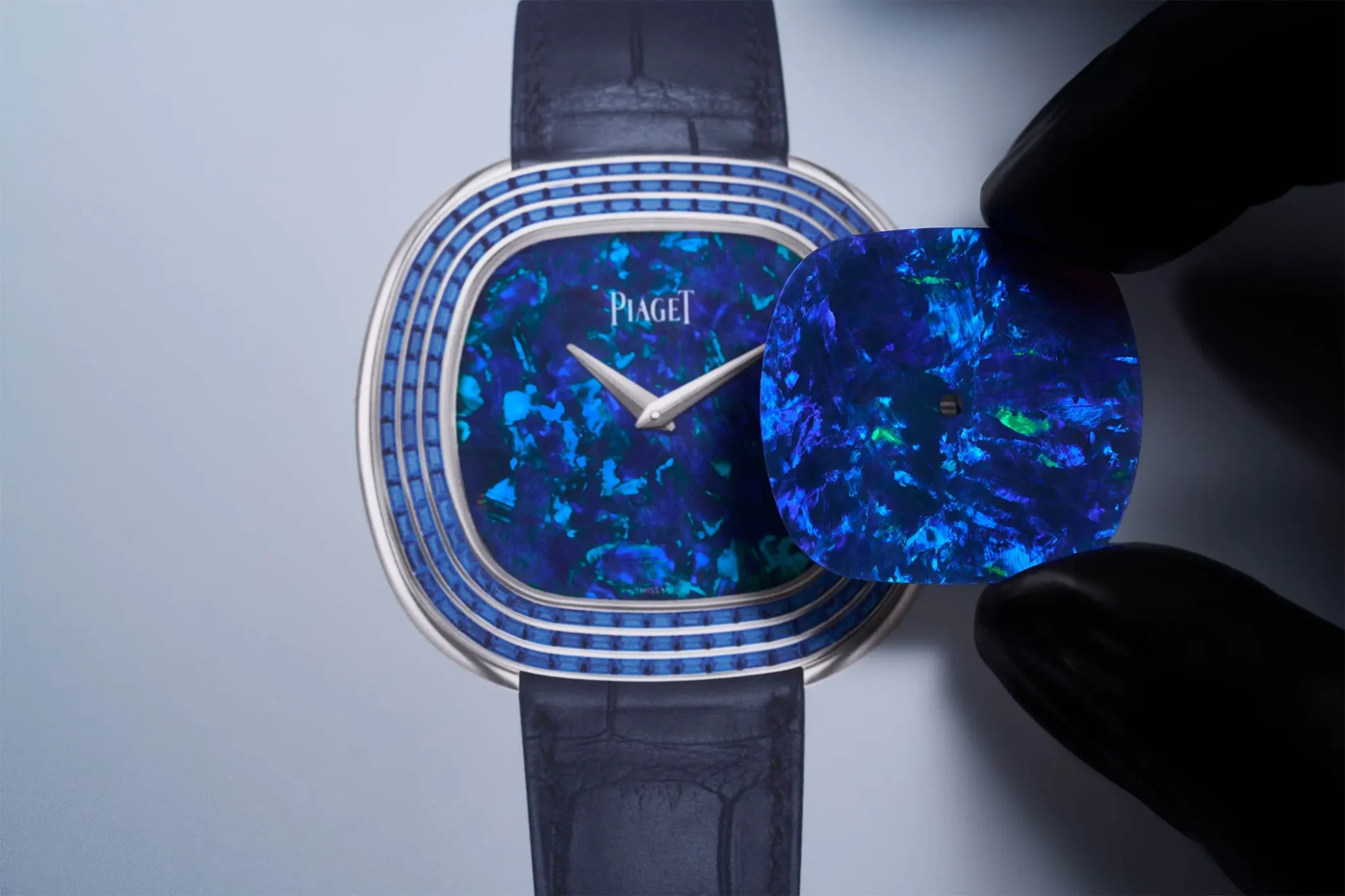 Piaget Andy Warhol watch with sapphires and a vibrant opal dial being assembled.