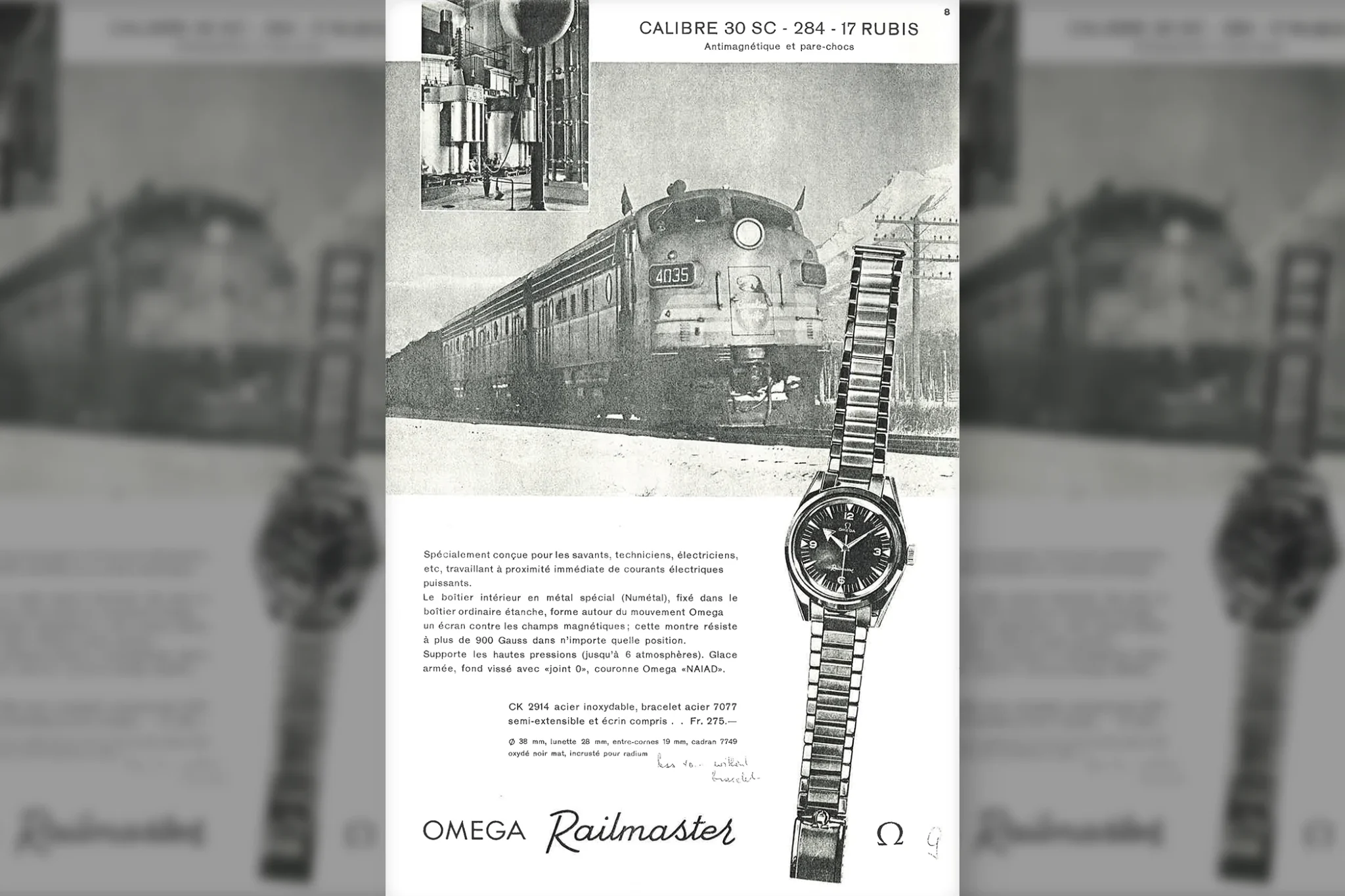 An advertising poster of the Omega Railmaster