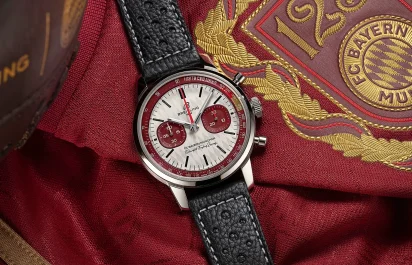The Breitling Top Time B01 125 Years FC Bayern Munich Limited Edition (Ref. AB01769A1G1X1) in a frontal view.