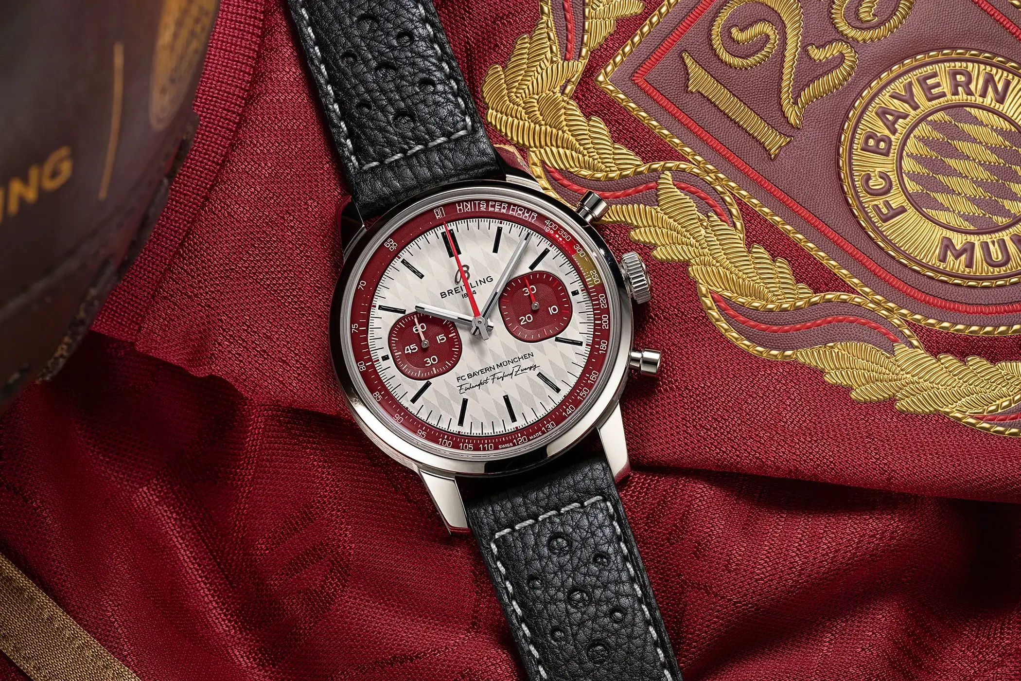 The Breitling Top Time B01 125 Years FC Bayern Munich Limited Edition (Ref. AB01769A1G1X1) in a frontal view.