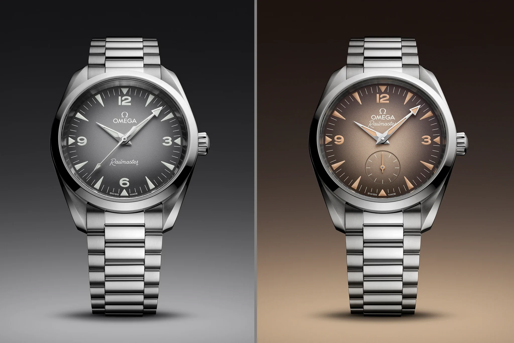 Omega Railmaster Ref. 235.10.38.20.06.001 and Ref. 235.10.38.20.13.001 with steel bracelets