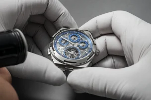 The Vacheron Constantin Overseas Grand Complication Openface Ref. 6510V/110T-128C in the hands of a watchmaker