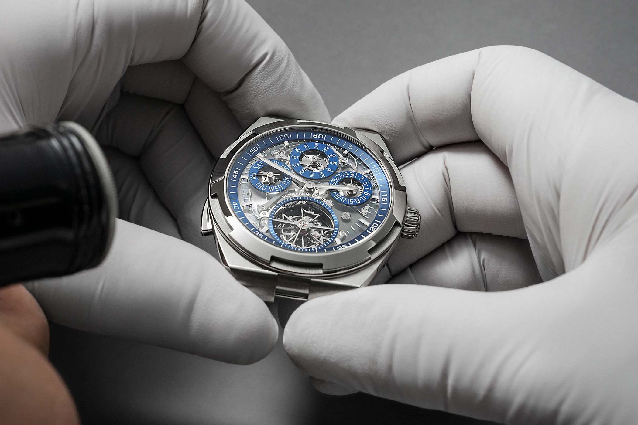 The Vacheron Constantin Overseas Grand Complication Openface Ref. 6510V/110T-128C in the hands of a watchmaker