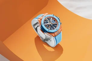 The Hublot Big Bang Unico Summer 2025 in front of an orange background