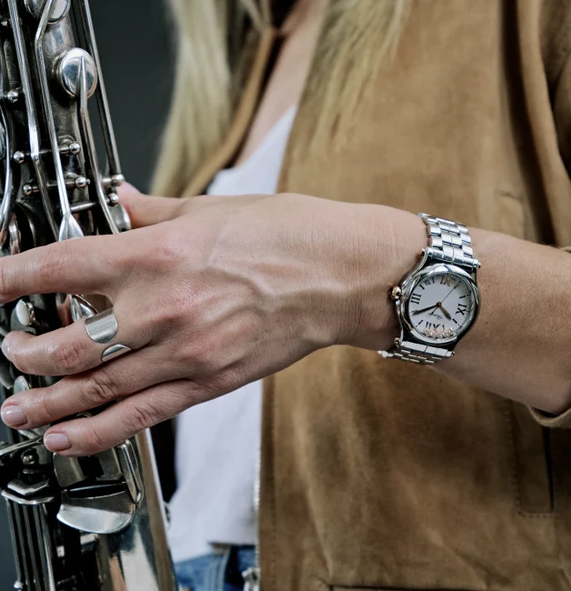 The Wempe Signature Collection x Chopard Happy Sport on the wrist (seventh view).