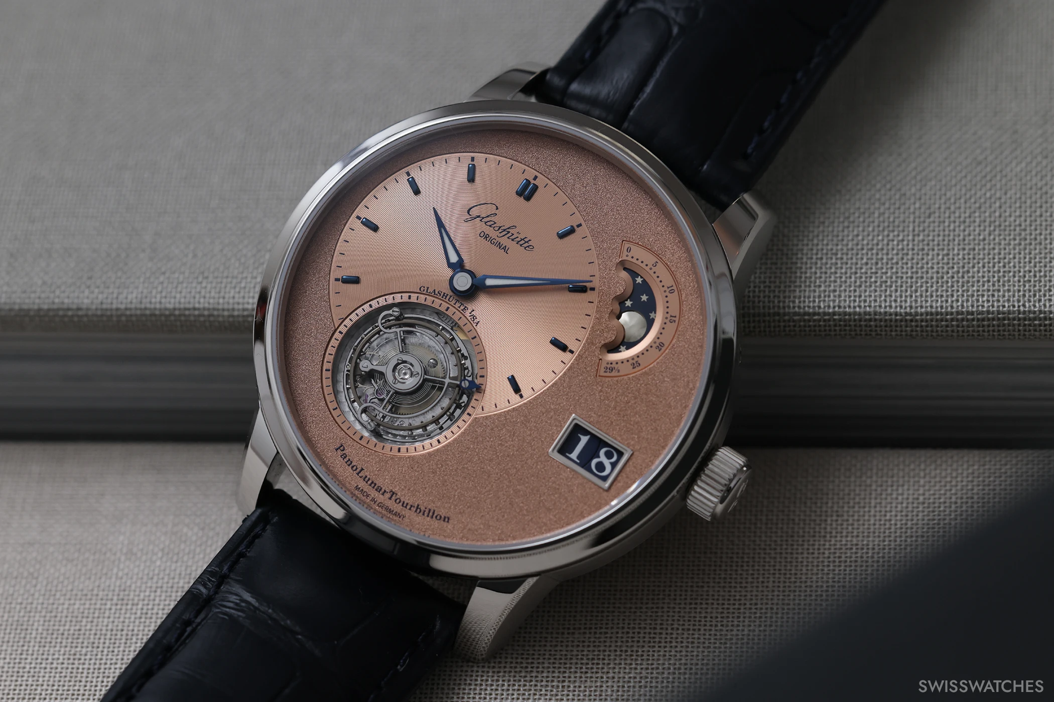 The frontal view of the Glashütte Original PanoLunarTourbillon, reference 1-93-03-01-03-61.
