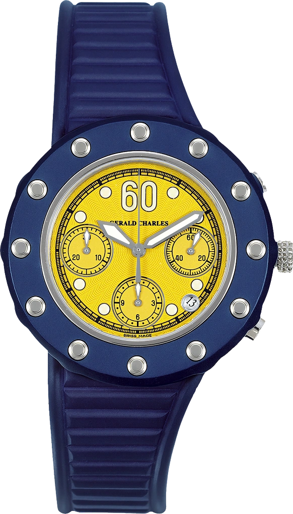 Gerald Charles Seaside GC9 watch with yellow dial and blue rubber case.
