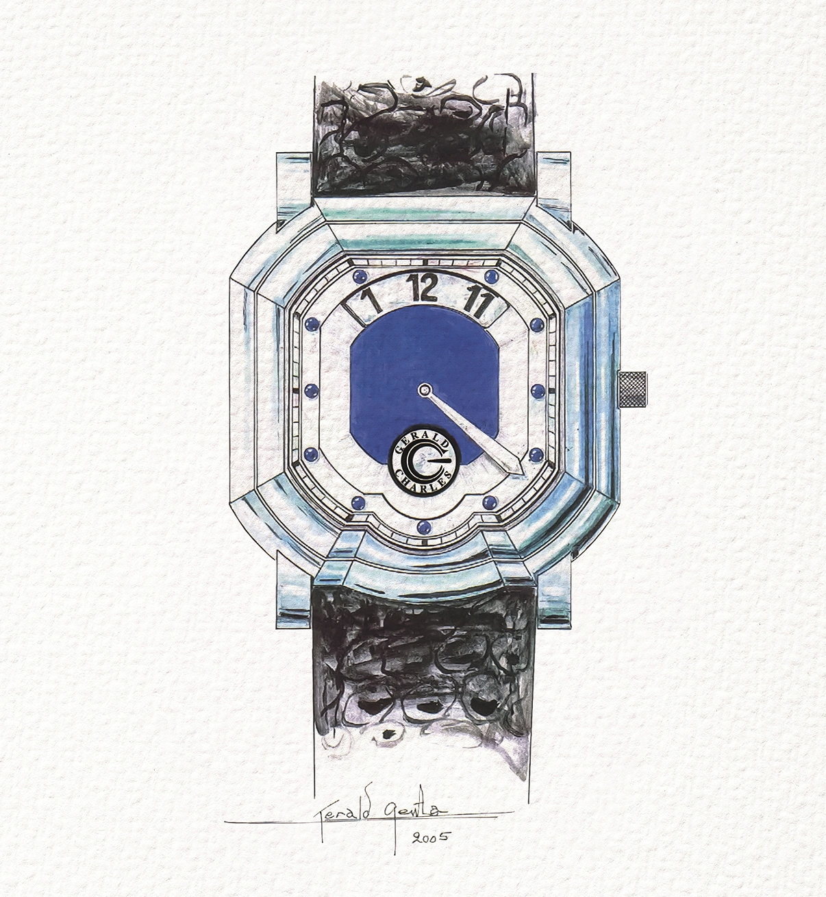 Sketch of the Gerald Charles Maestro GC39 Sliding Hour watch by Gérald Genta.
