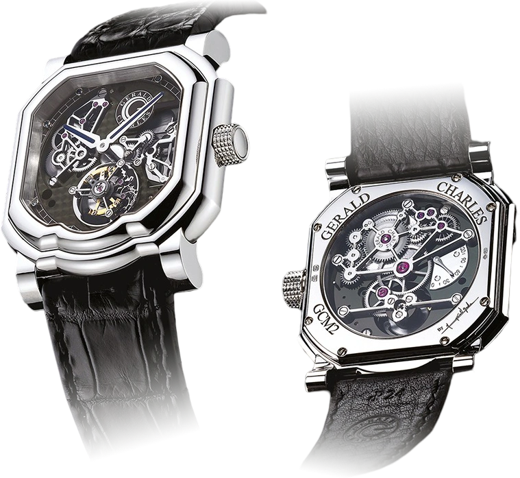 Front and back views of the Gerald Charles Maestro GCM2 Tourbillon watch.
